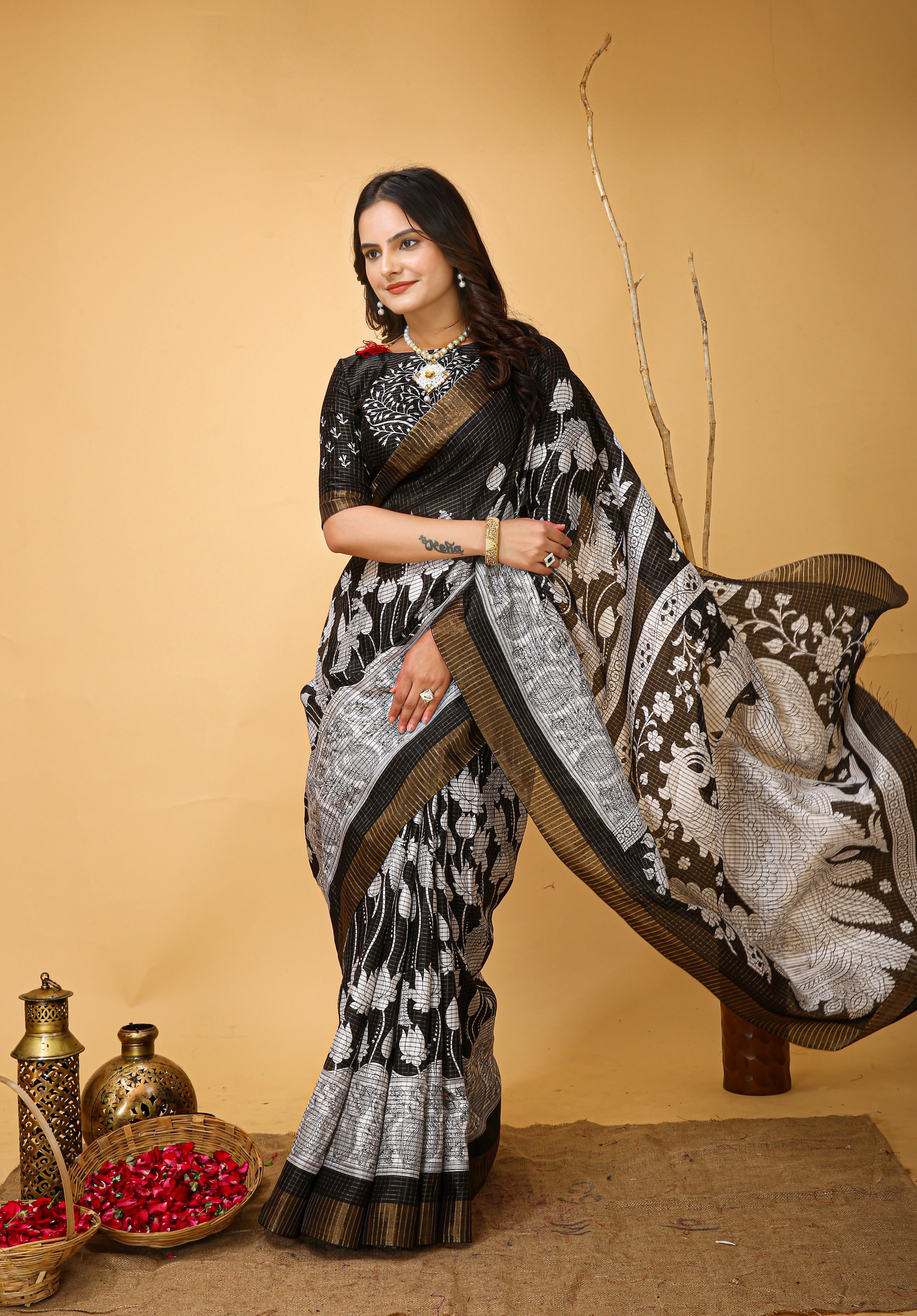 New Fancy Kalamkari Print And Jecard Kanjivaram Zari Border Soft Cotton Black Saree With Unstiched Blouse