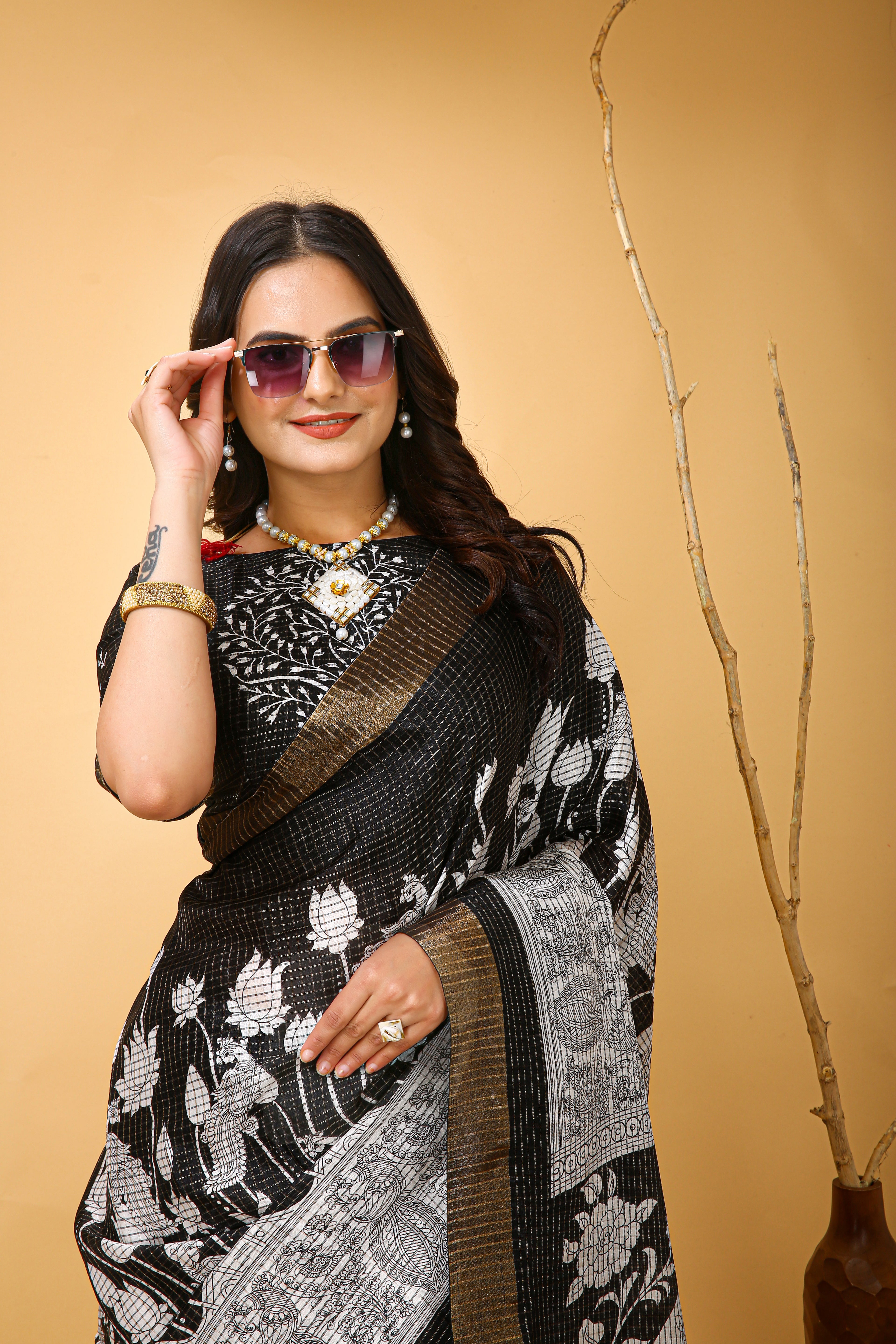 New Fancy Kalamkari Print And Jecard Kanjivaram Zari Border Soft Cotton Black Saree With Unstiched Blouse