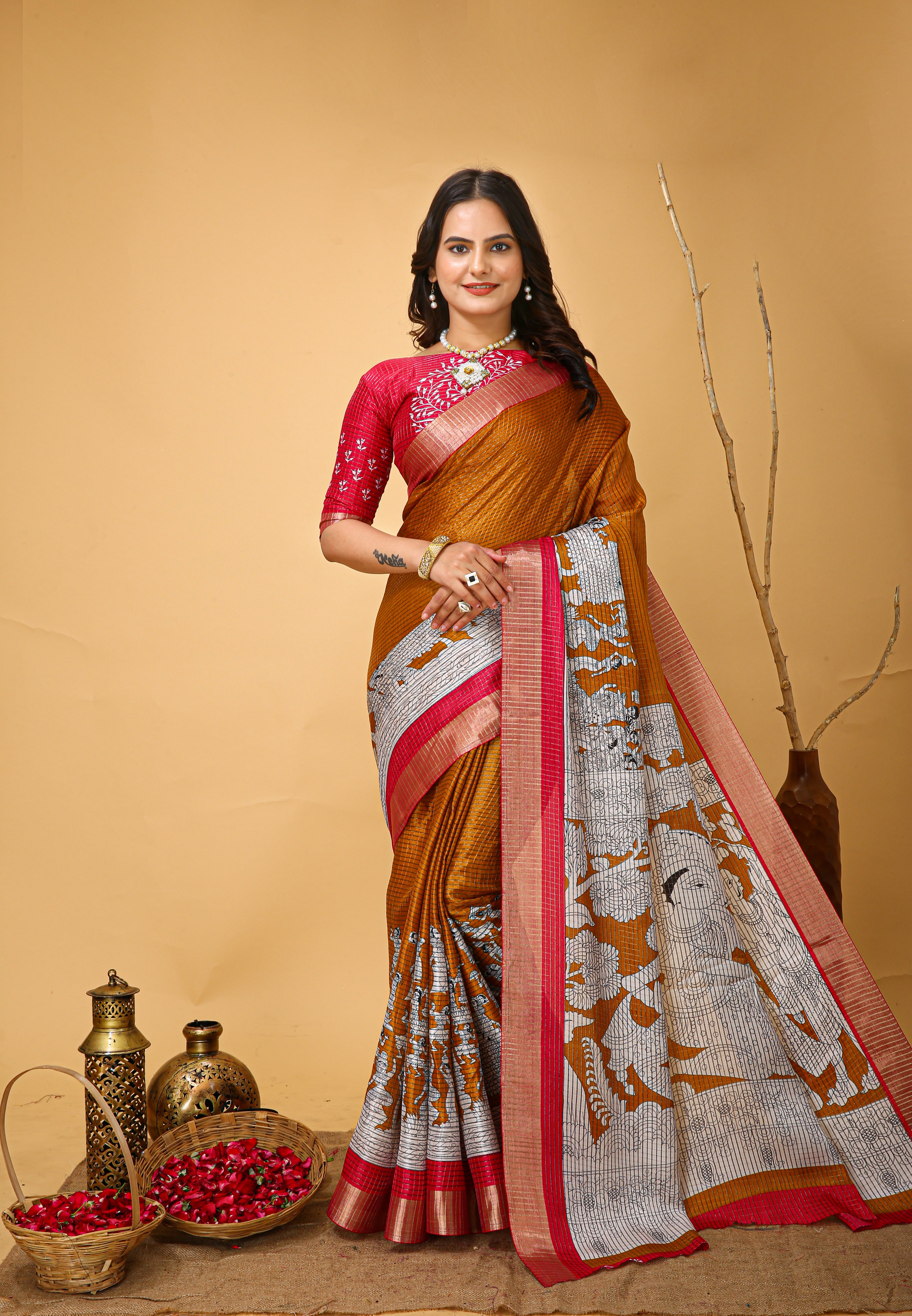 New Fancy Kalamkari Print And Jecard Kanjivaram Zari Border Soft Cotton Musturd Yellow Saree With Unstiched Blouse