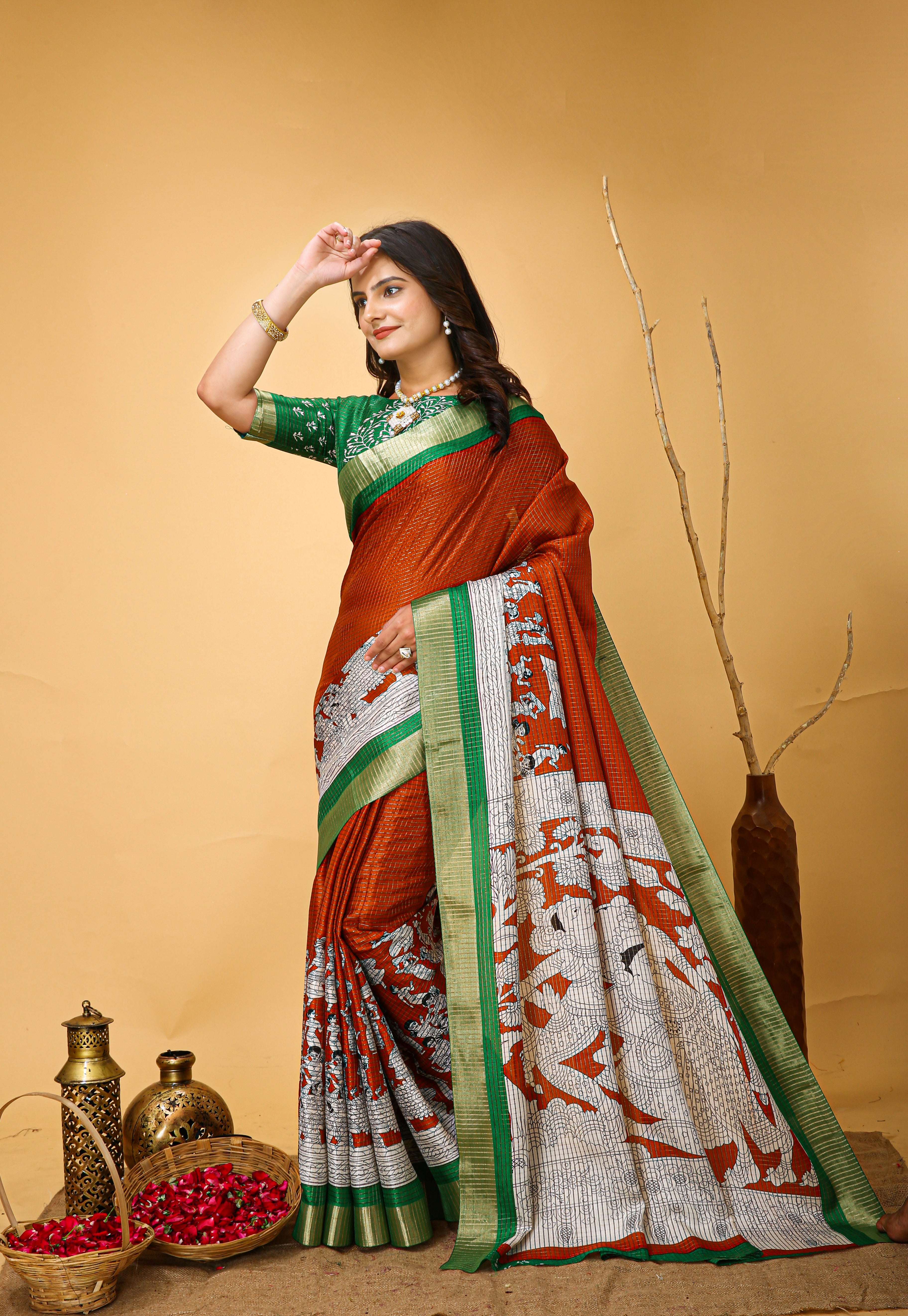 New Fancy Kalamkari Print And Jecard Kanjivaram Zari Border Soft Cotton Dark Orange Saree With Unstiched Blouse