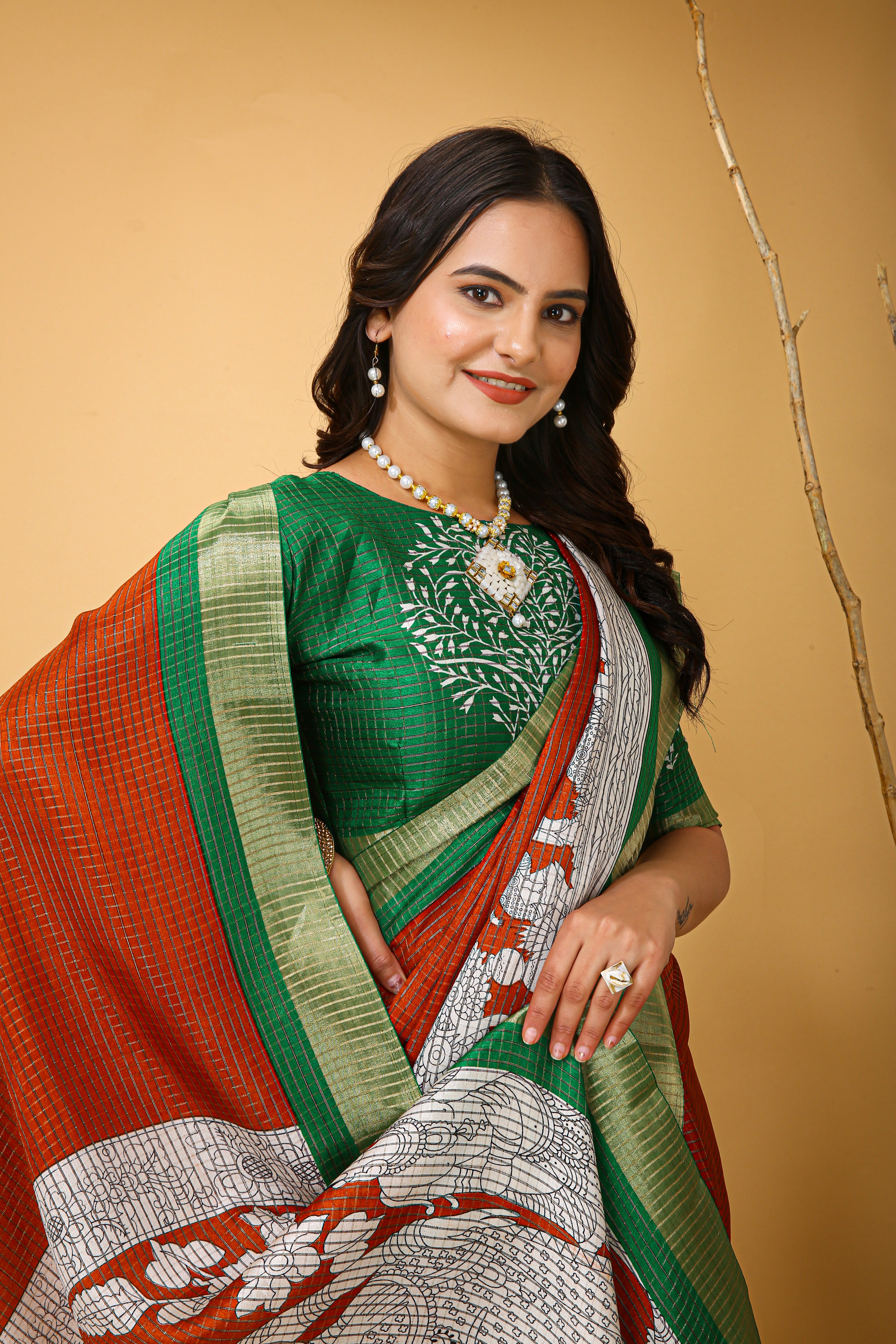 New Fancy Kalamkari Print And Jecard Kanjivaram Zari Border Soft Cotton Dark Orange Saree With Unstiched Blouse