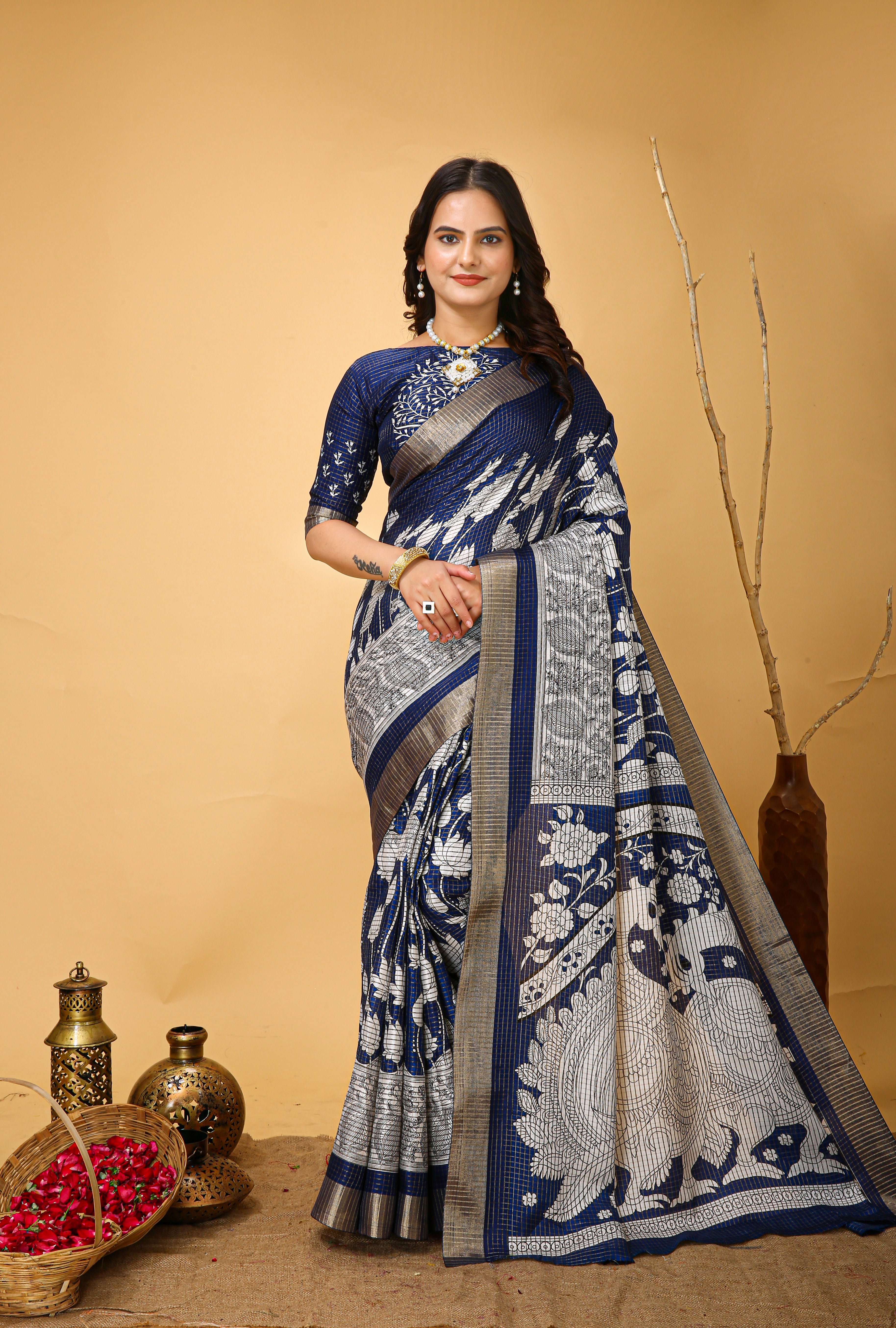 New Fancy Kalamkari Print And Jecard Kanjivaram Zari Border Soft Cotton Navy Blue Saree With Unstiched Blouse