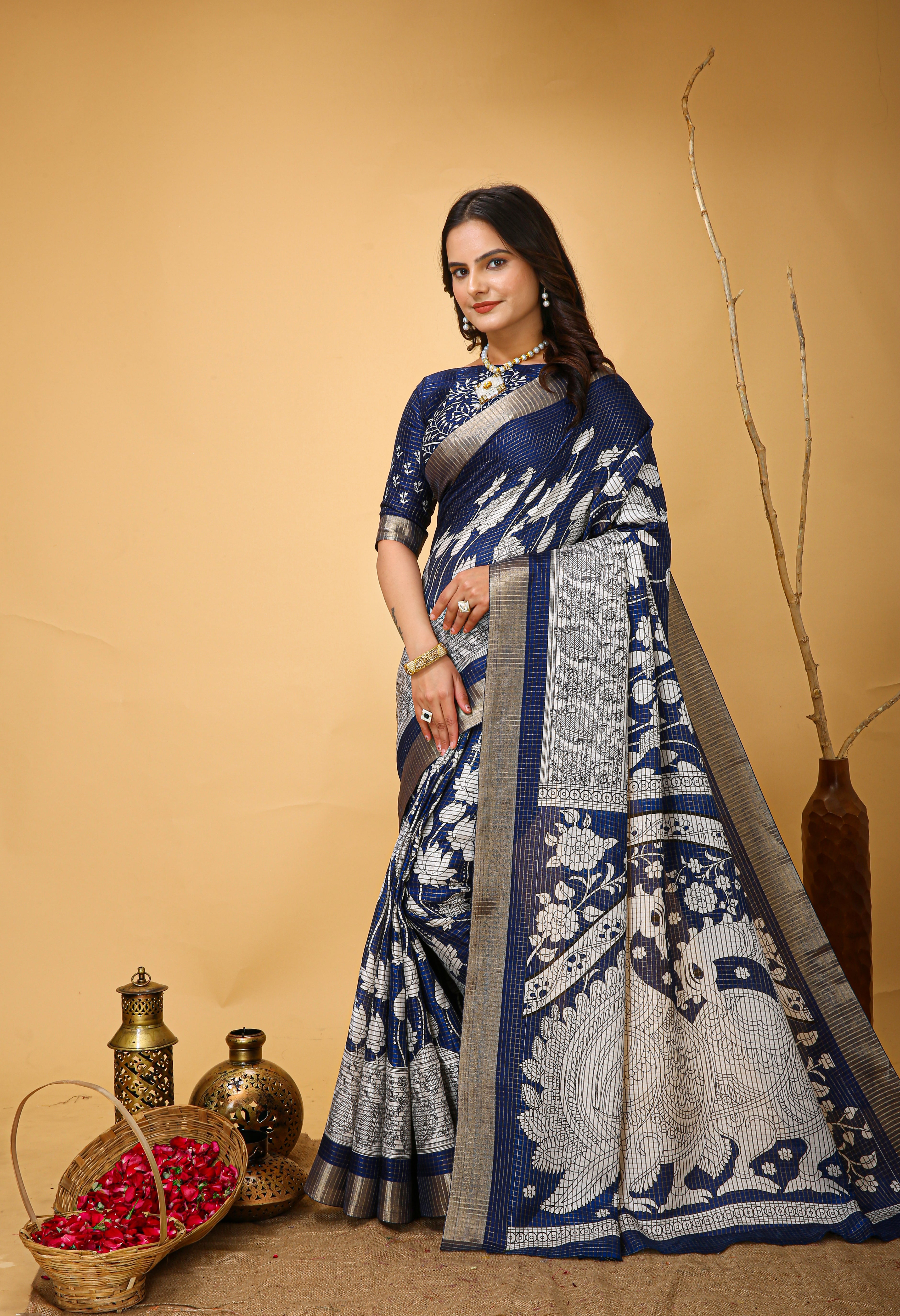 New Fancy Kalamkari Print And Jecard Kanjivaram Zari Border Soft Cotton Navy Blue Saree With Unstiched Blouse