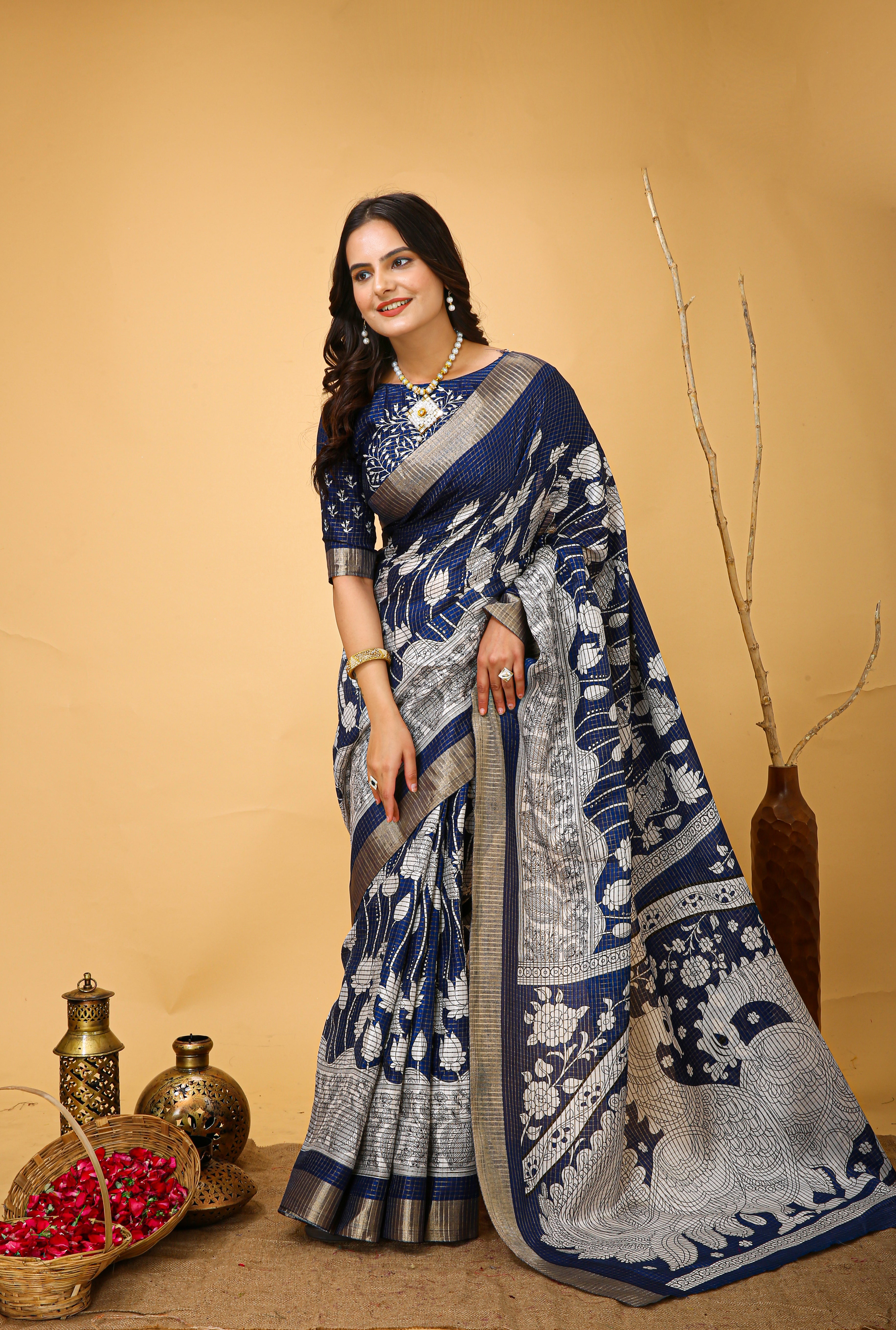 New Fancy Kalamkari Print And Jecard Kanjivaram Zari Border Soft Cotton Navy Blue Saree With Unstiched Blouse