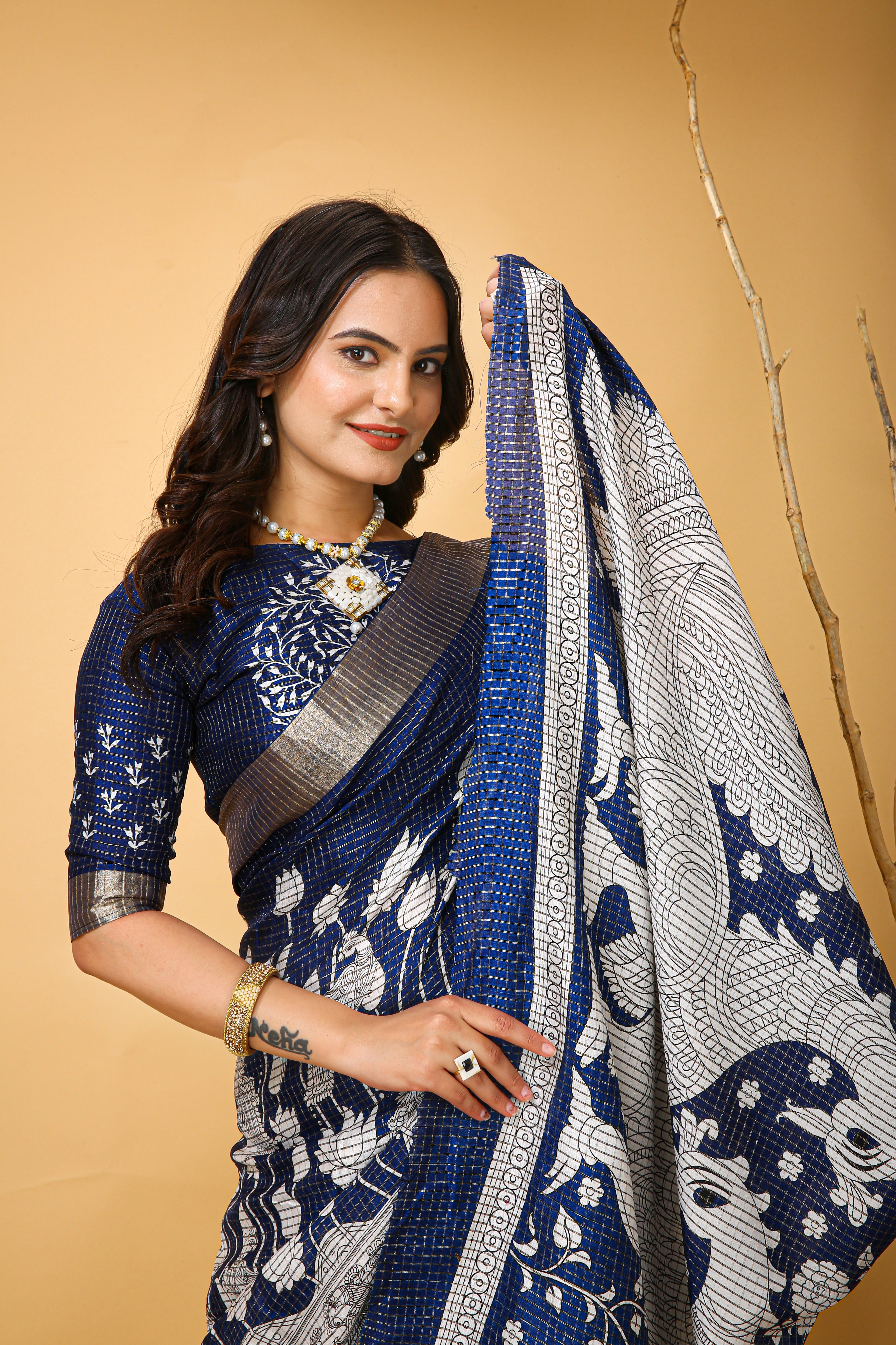 New Fancy Kalamkari Print And Jecard Kanjivaram Zari Border Soft Cotton Navy Blue Saree With Unstiched Blouse