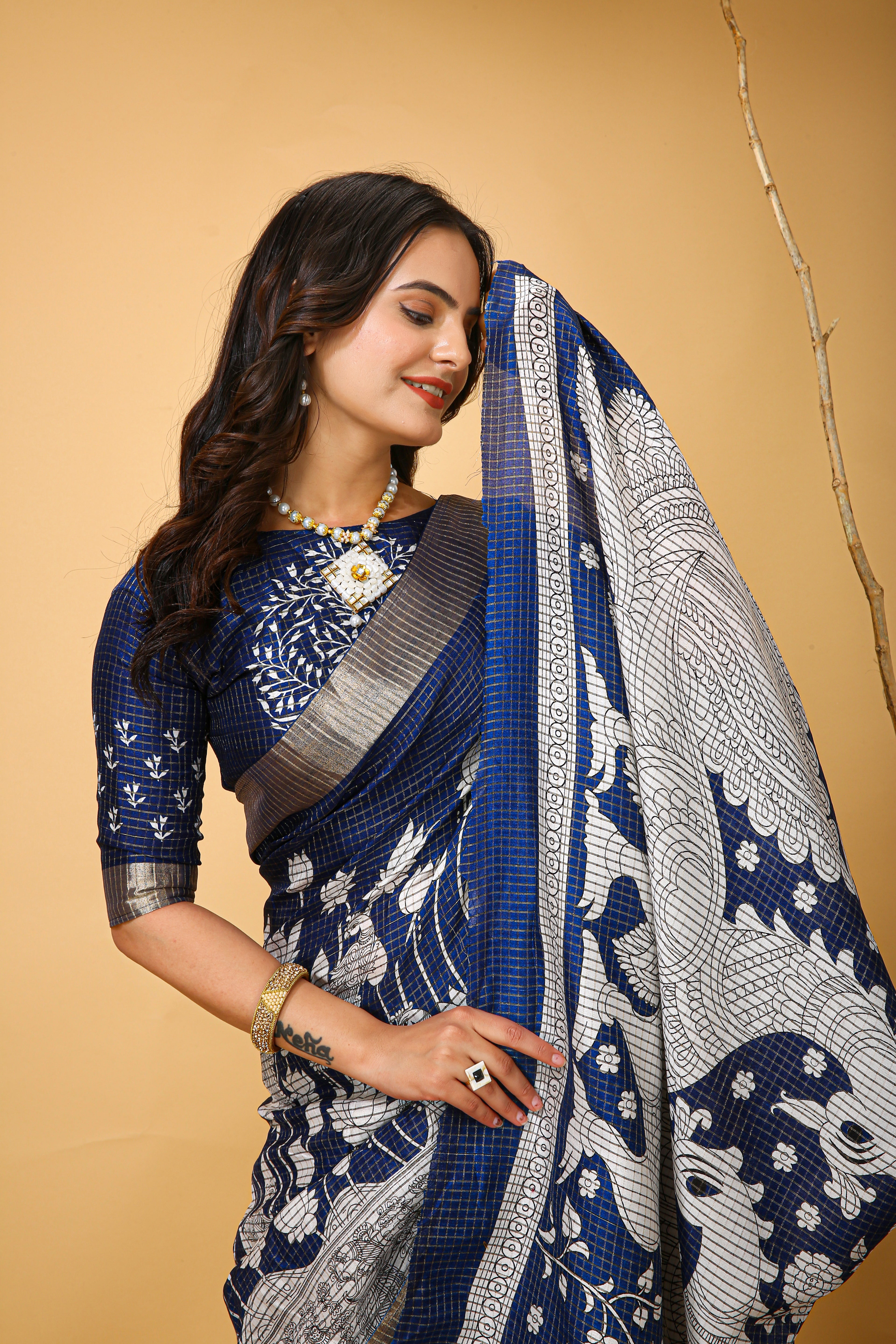 New Fancy Kalamkari Print And Jecard Kanjivaram Zari Border Soft Cotton Navy Blue Saree With Unstiched Blouse