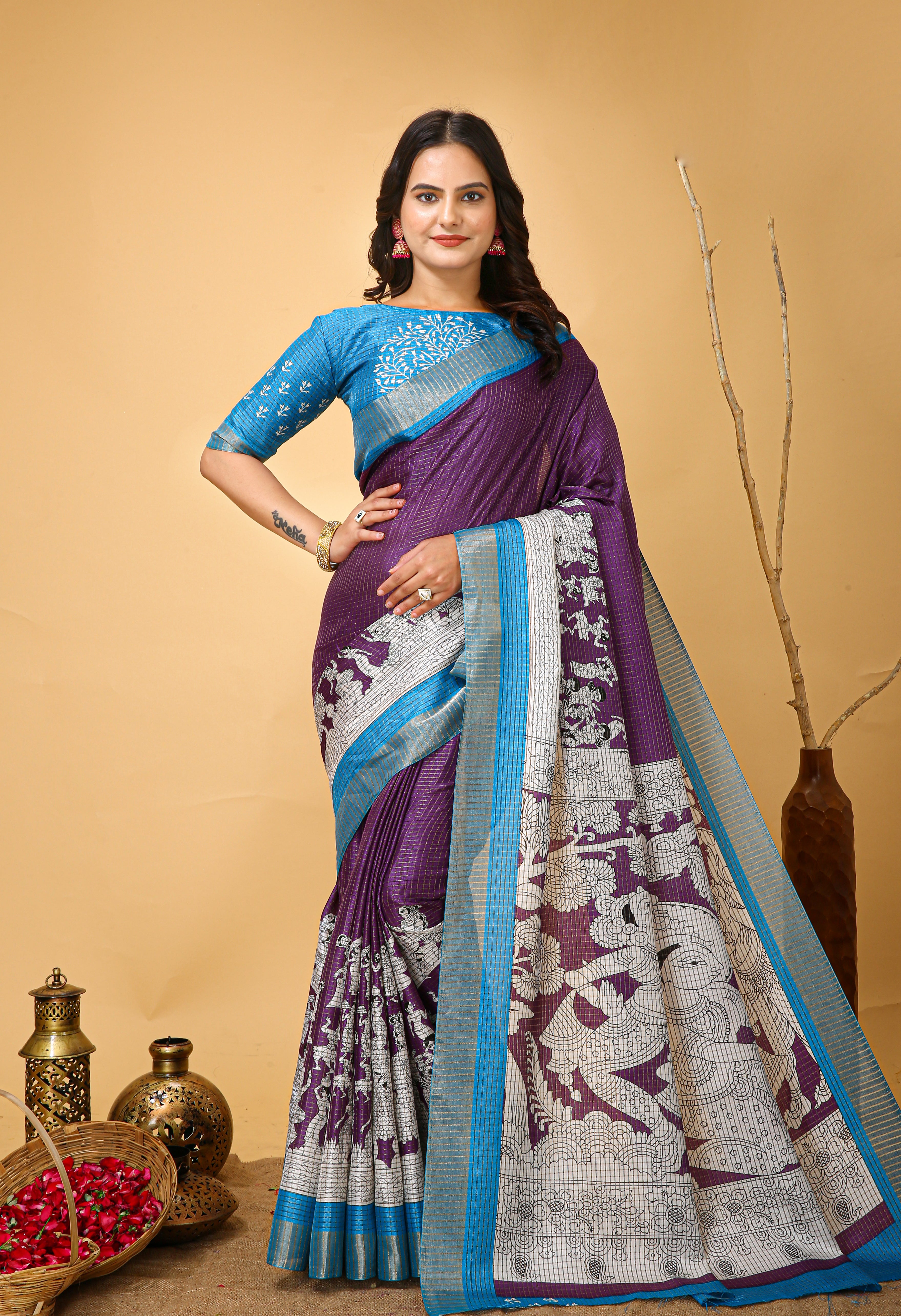 New Fancy Kalamkari Print And Jecard Kanjivaram Zari Border Soft Cotton Faded Purple Saree With Unstiched Blouse