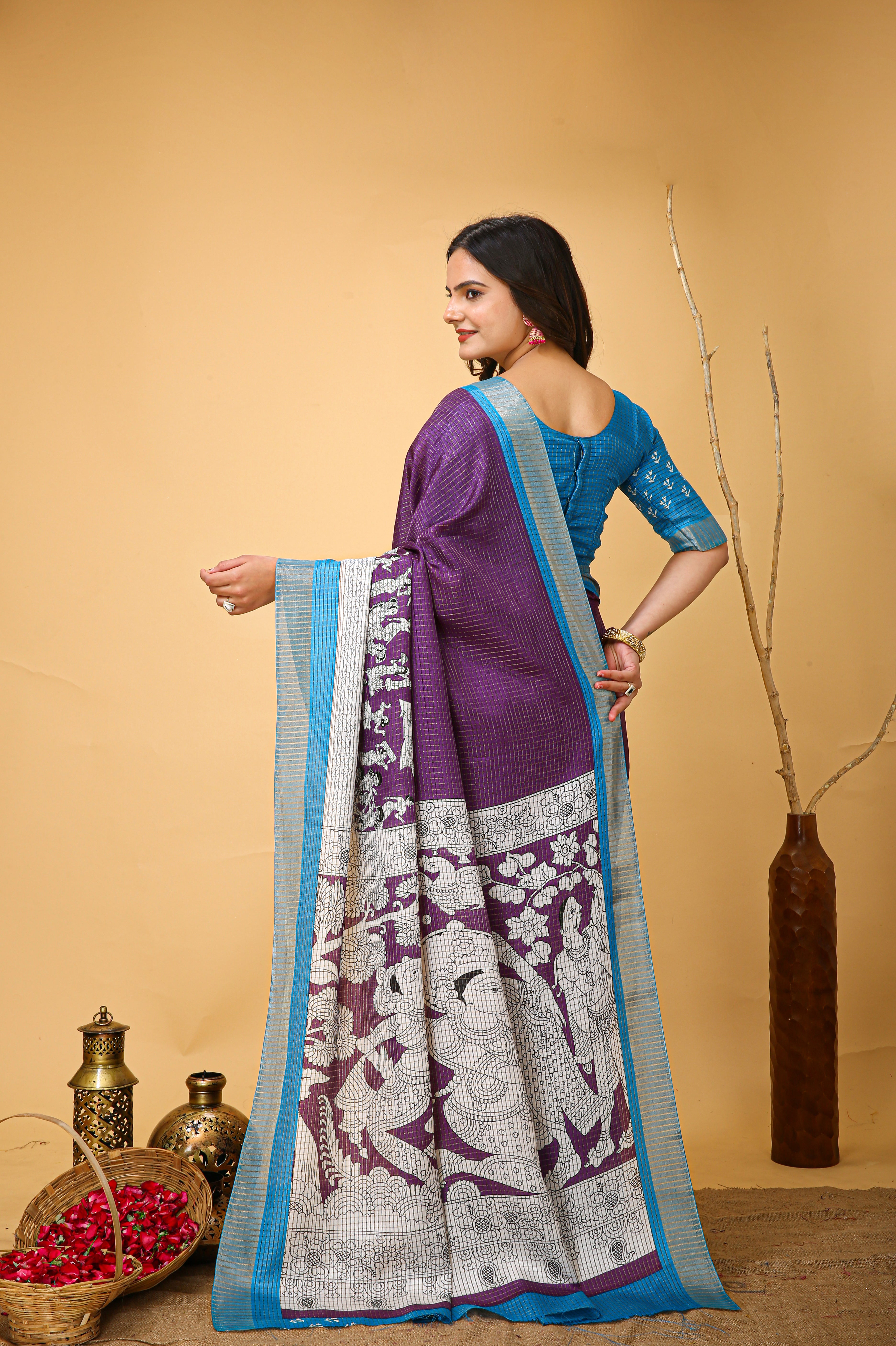 New Fancy Kalamkari Print And Jecard Kanjivaram Zari Border Soft Cotton Faded Purple Saree With Unstiched Blouse