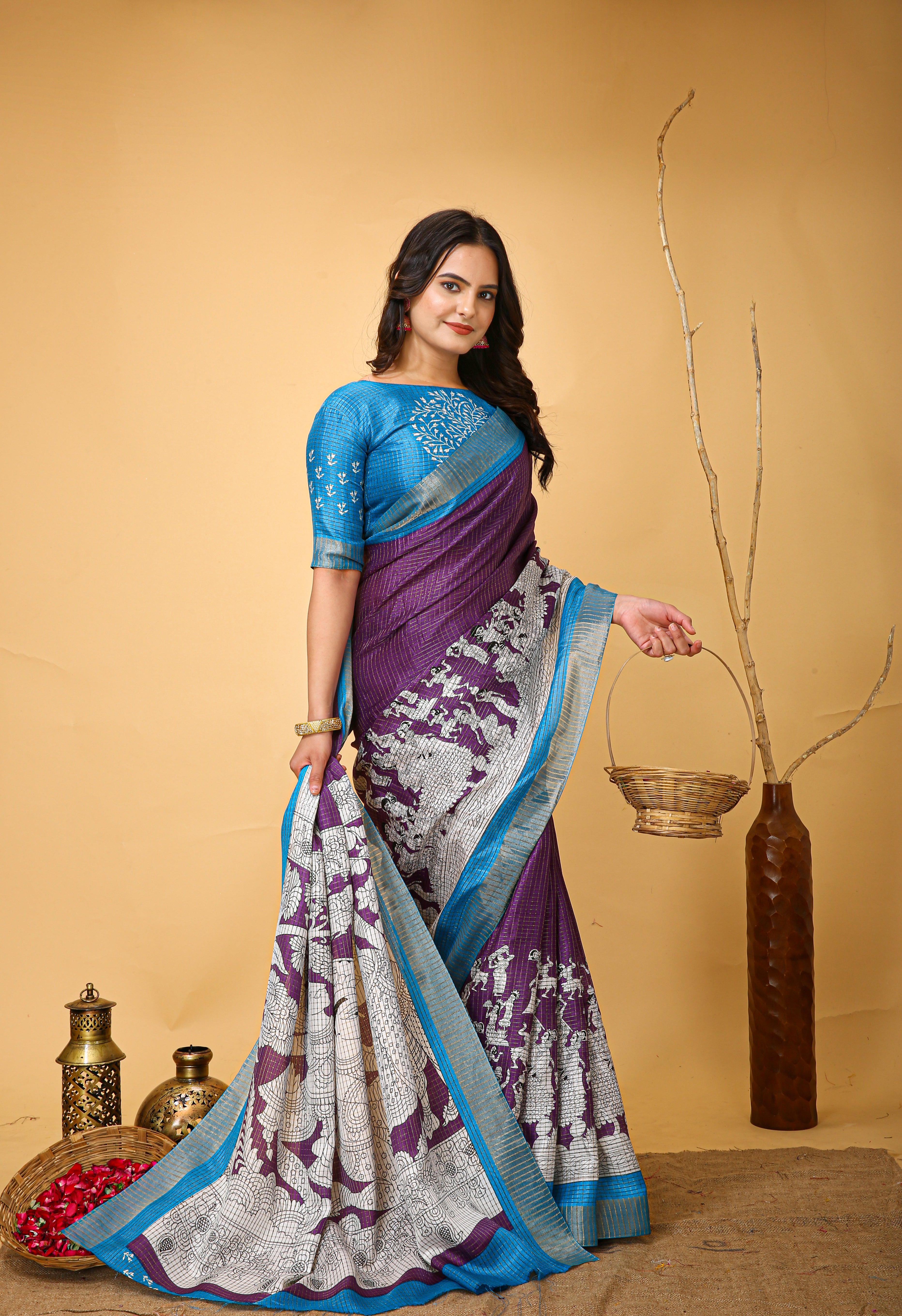 New Fancy Kalamkari Print And Jecard Kanjivaram Zari Border Soft Cotton Faded Purple Saree With Unstiched Blouse