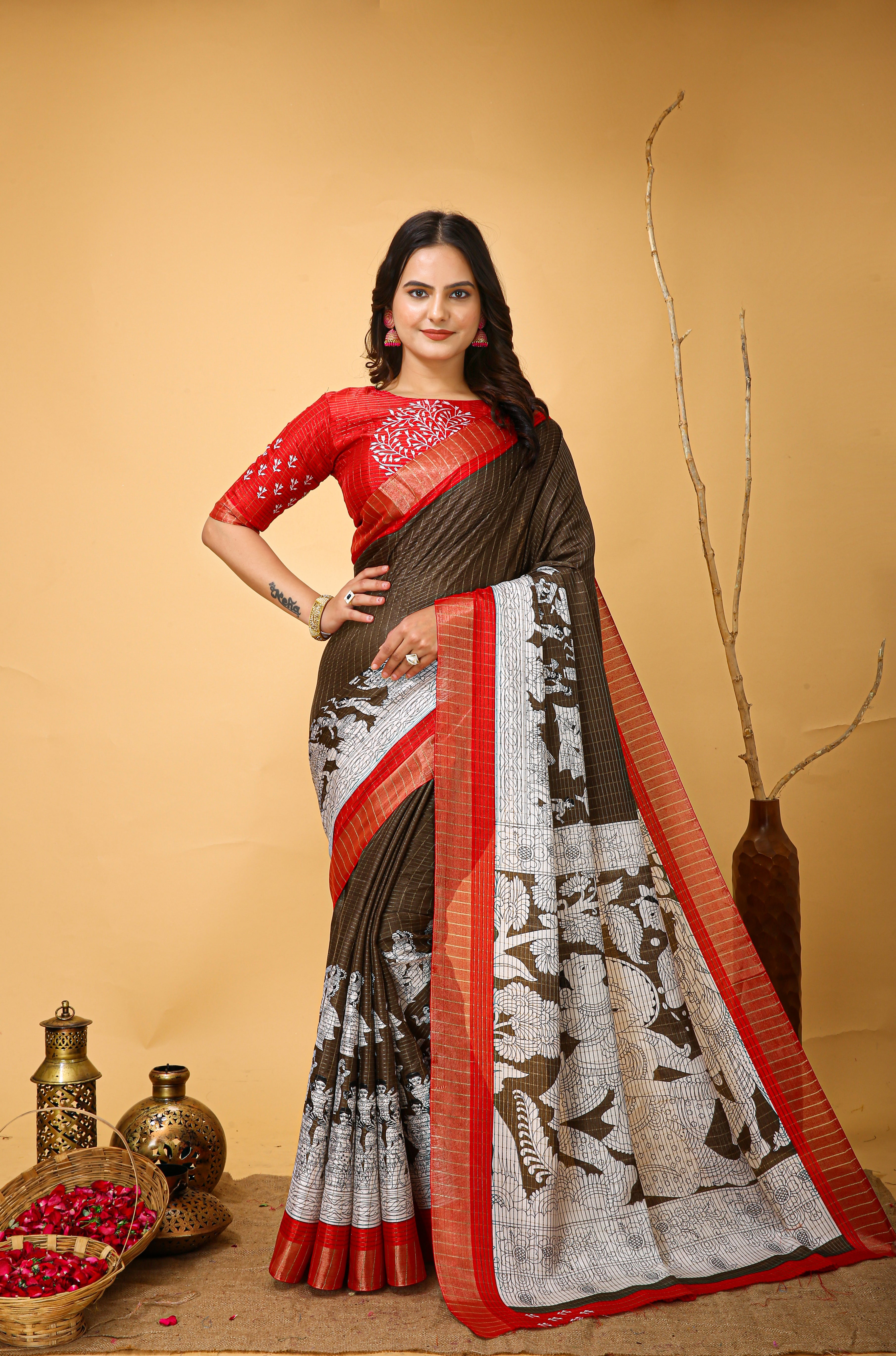 New Fancy Kalamkari Print And Jecard Kanjivaram Zari Border Soft Cotton Brown Saree With Unstiched Blouse