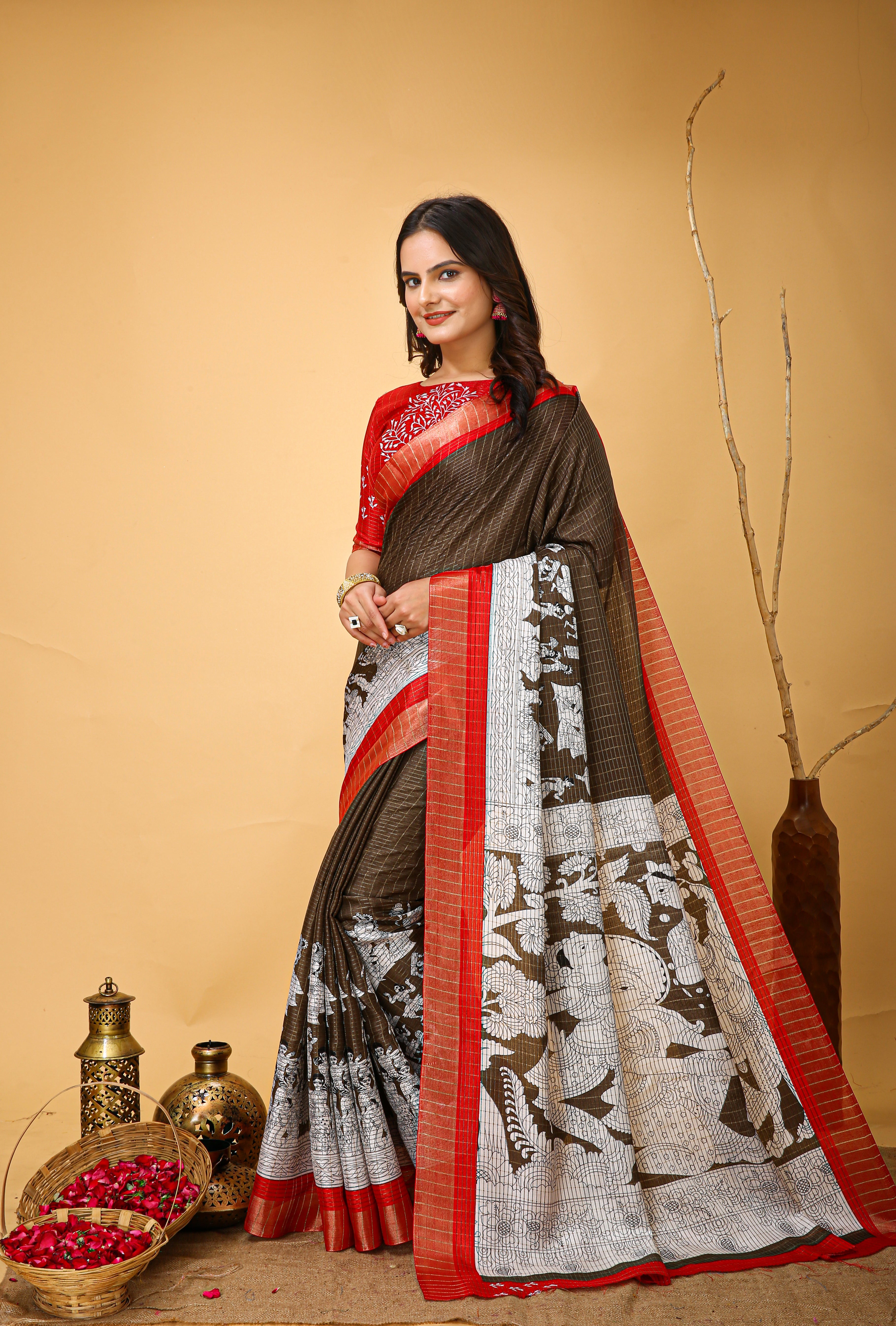 New Fancy Kalamkari Print And Jecard Kanjivaram Zari Border Soft Cotton Brown Saree With Unstiched Blouse