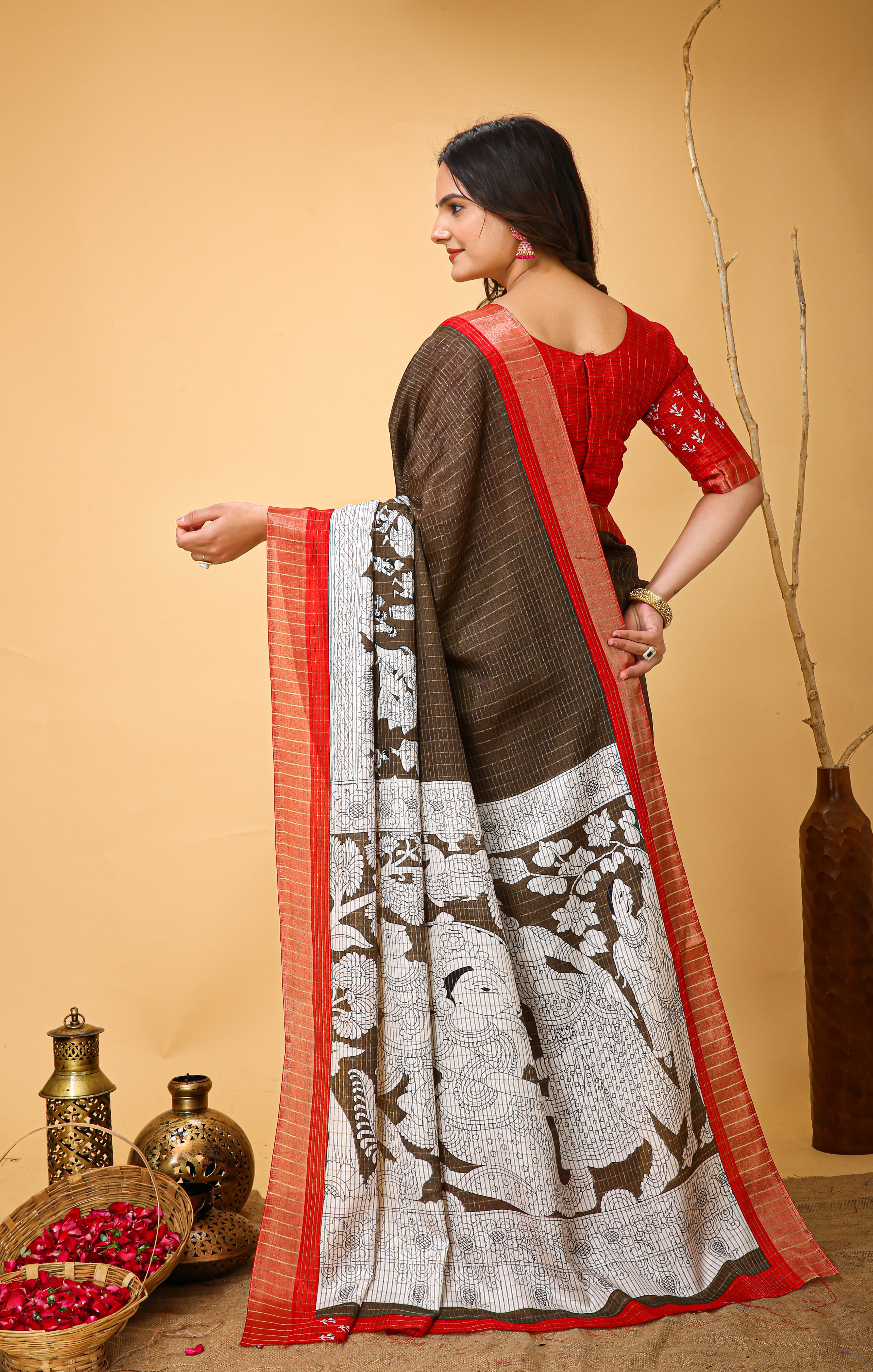 New Fancy Kalamkari Print And Jecard Kanjivaram Zari Border Soft Cotton Brown Saree With Unstiched Blouse