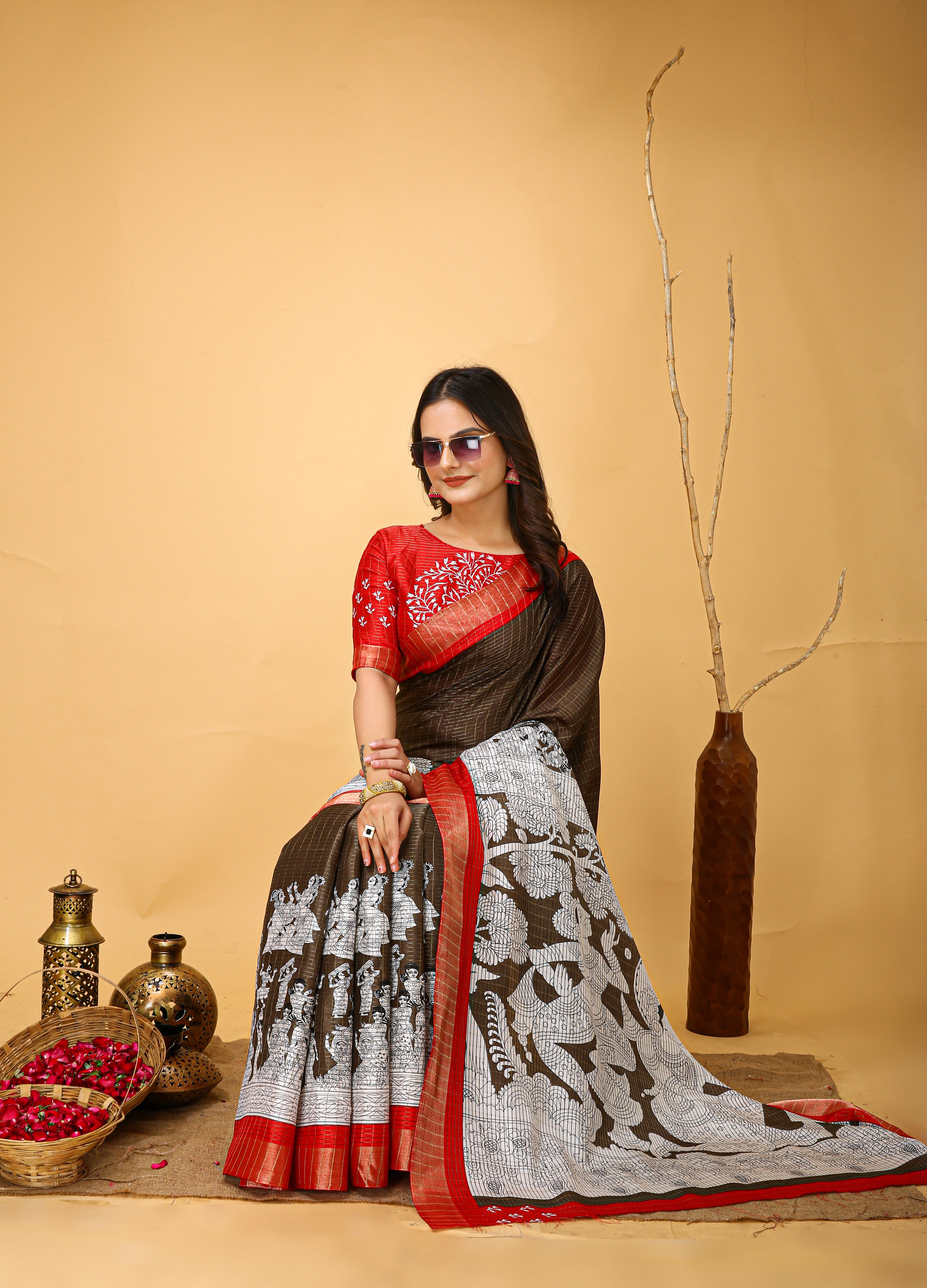 New Fancy Kalamkari Print And Jecard Kanjivaram Zari Border Soft Cotton Brown Saree With Unstiched Blouse