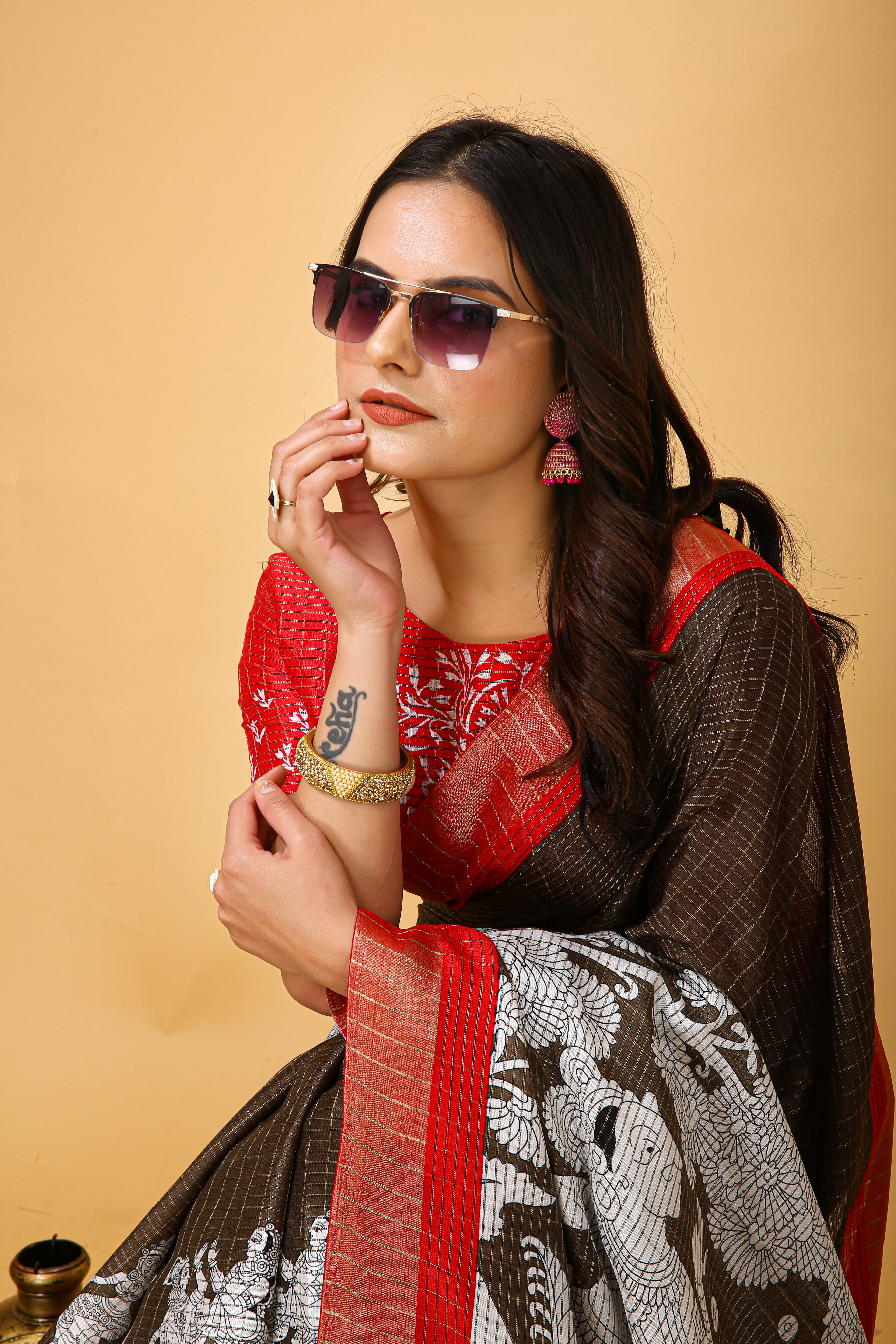 New Fancy Kalamkari Print And Jecard Kanjivaram Zari Border Soft Cotton Brown Saree With Unstiched Blouse