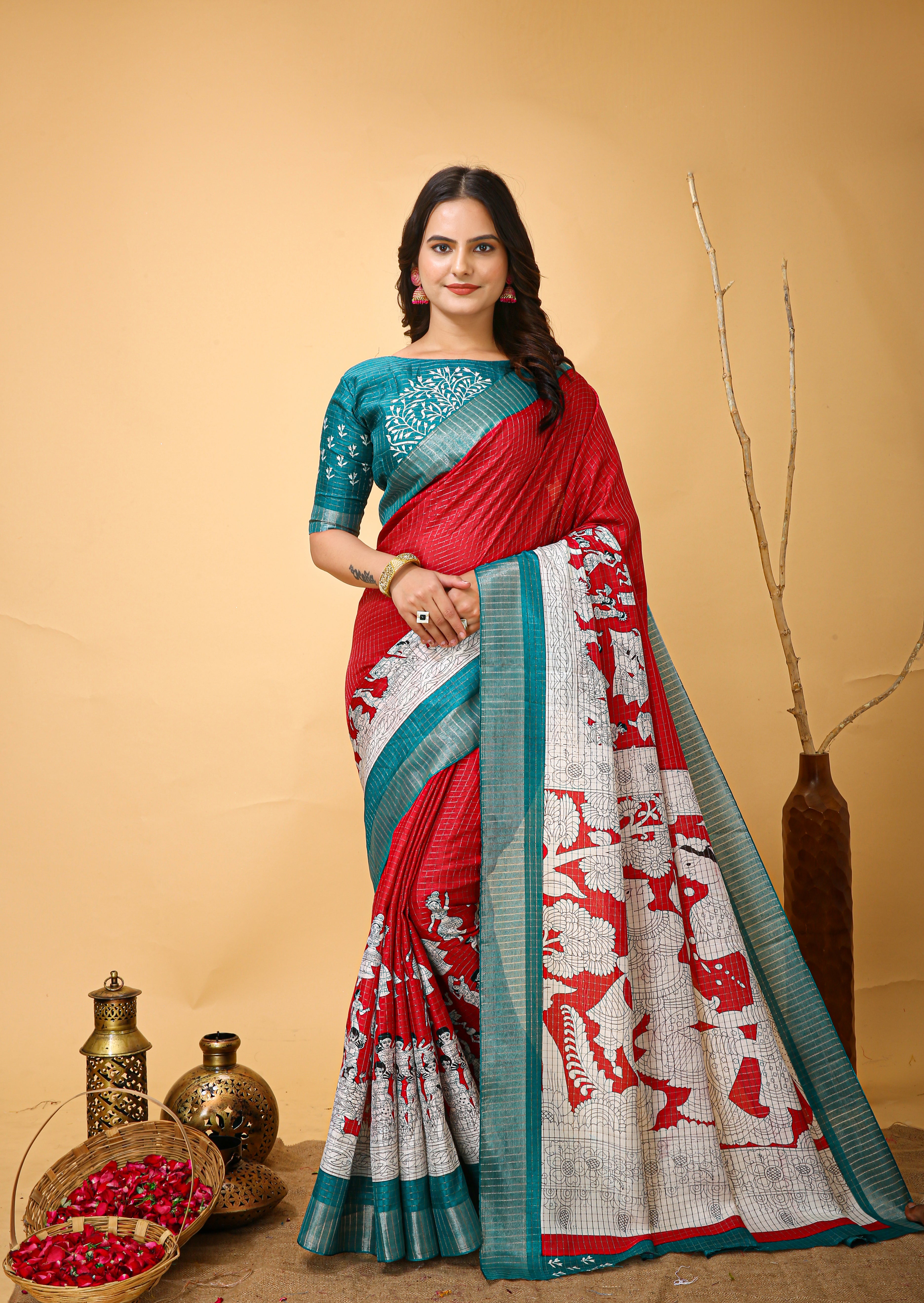 New Fancy Kalamkari Print And Jecard Kanjivaram Zari Border Soft Cotton Red Saree With Unstiched Blouse