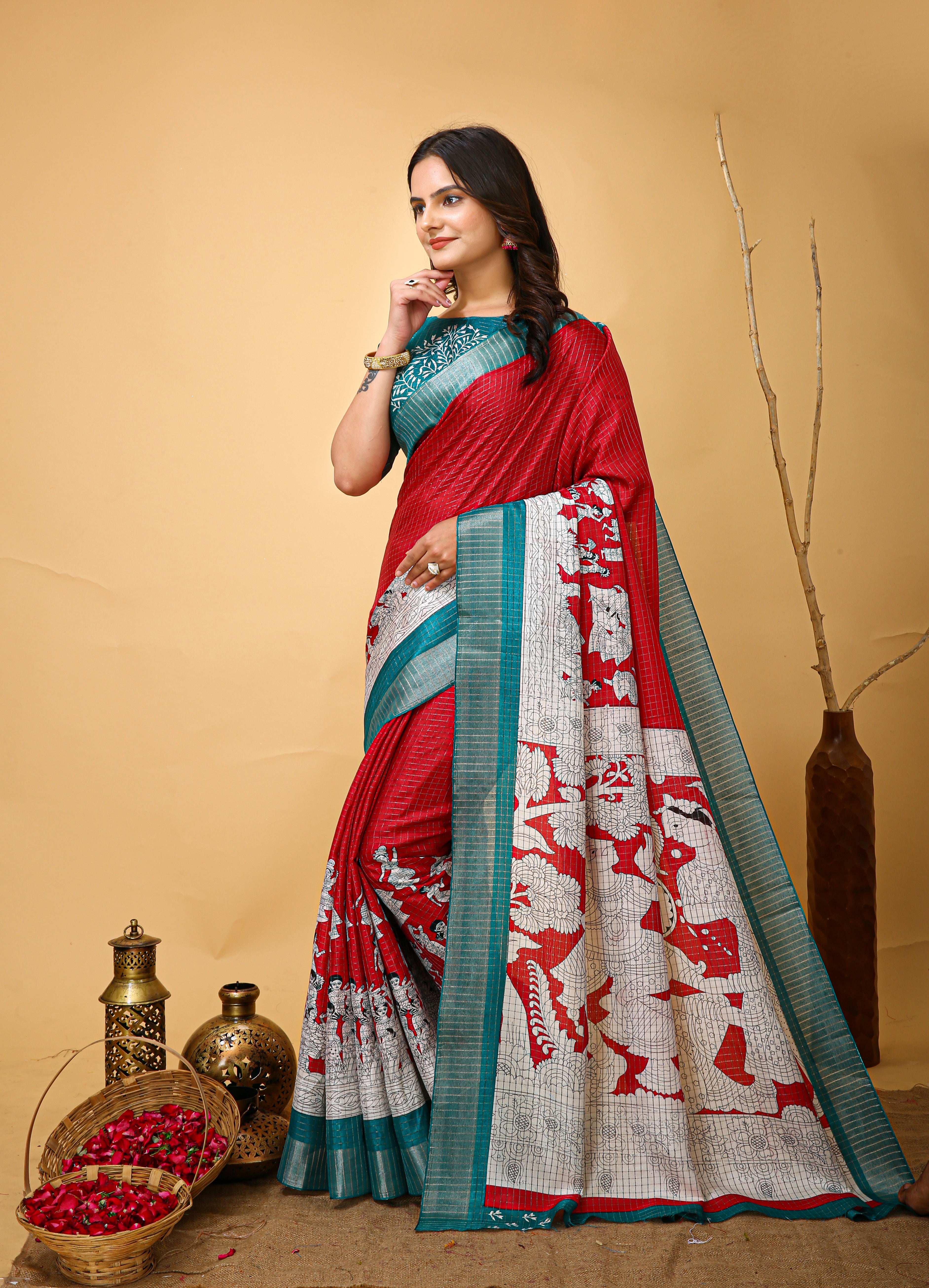 New Fancy Kalamkari Print And Jecard Kanjivaram Zari Border Soft Cotton Red Saree With Unstiched Blouse