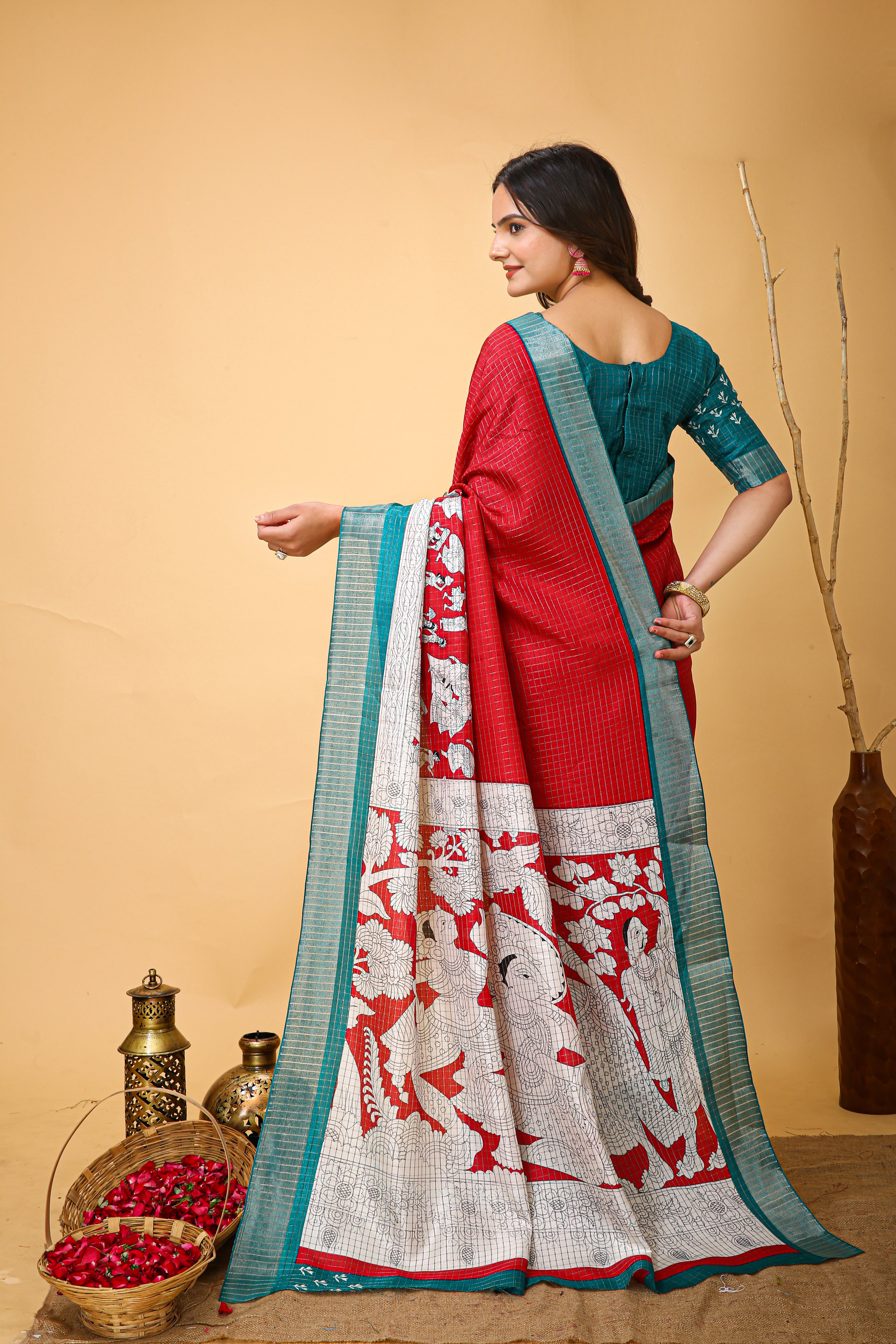 New Fancy Kalamkari Print And Jecard Kanjivaram Zari Border Soft Cotton Red Saree With Unstiched Blouse