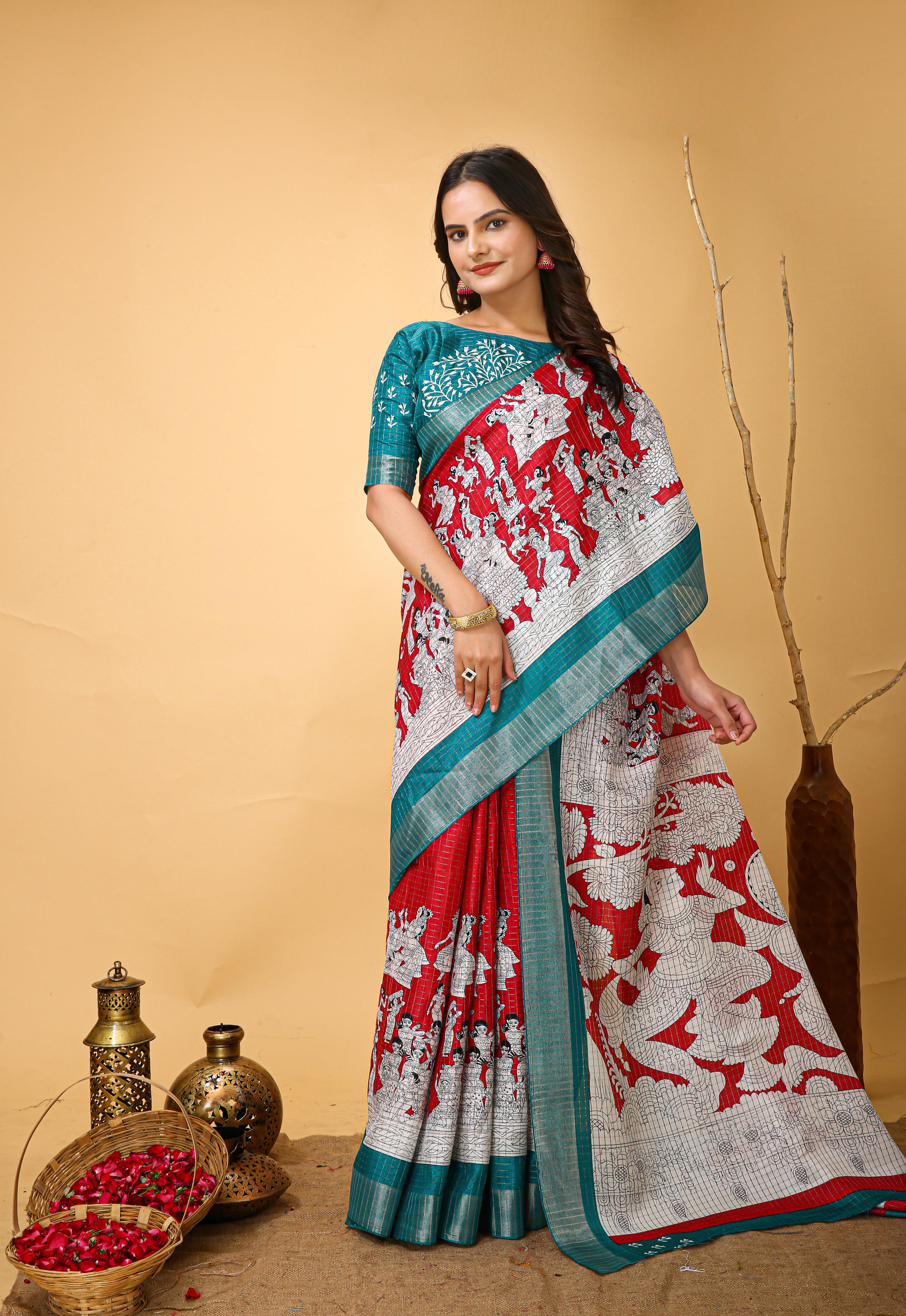 New Fancy Kalamkari Print And Jecard Kanjivaram Zari Border Soft Cotton Red Saree With Unstiched Blouse