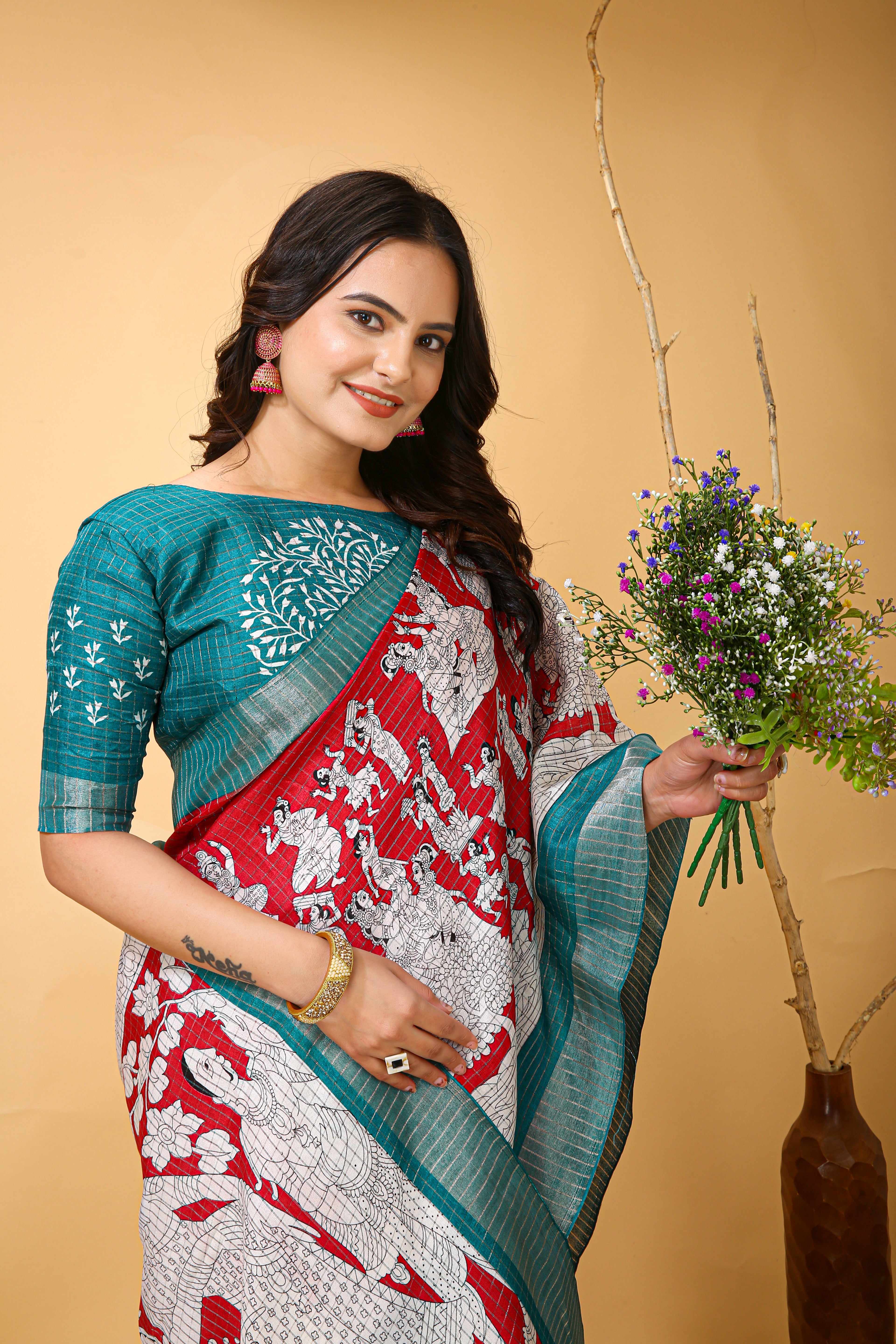 New Fancy Kalamkari Print And Jecard Kanjivaram Zari Border Soft Cotton Red Saree With Unstiched Blouse