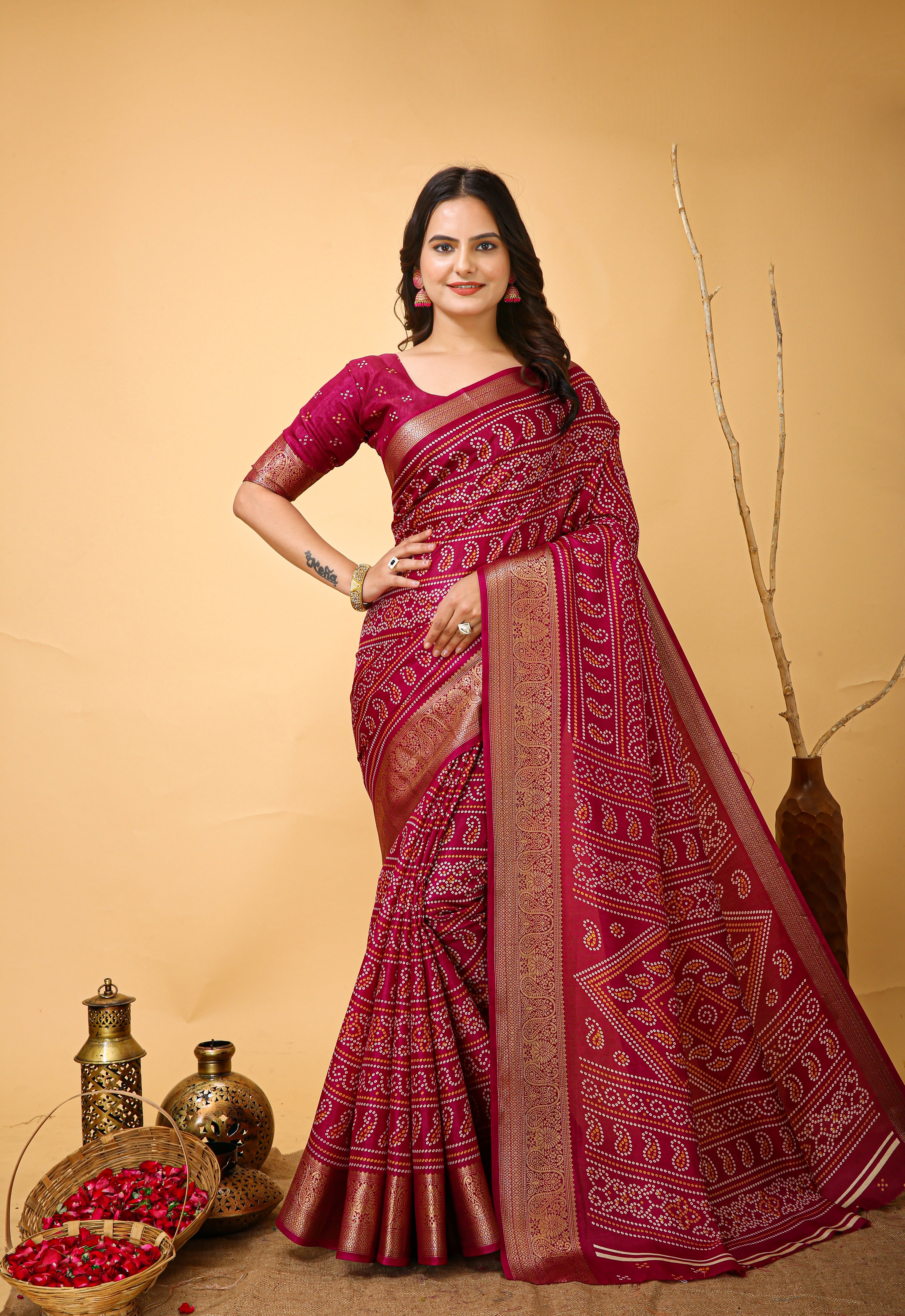 New Enchanting soft cotton Bandhani Printed Maroon Red Saree With Unstiched Blouse