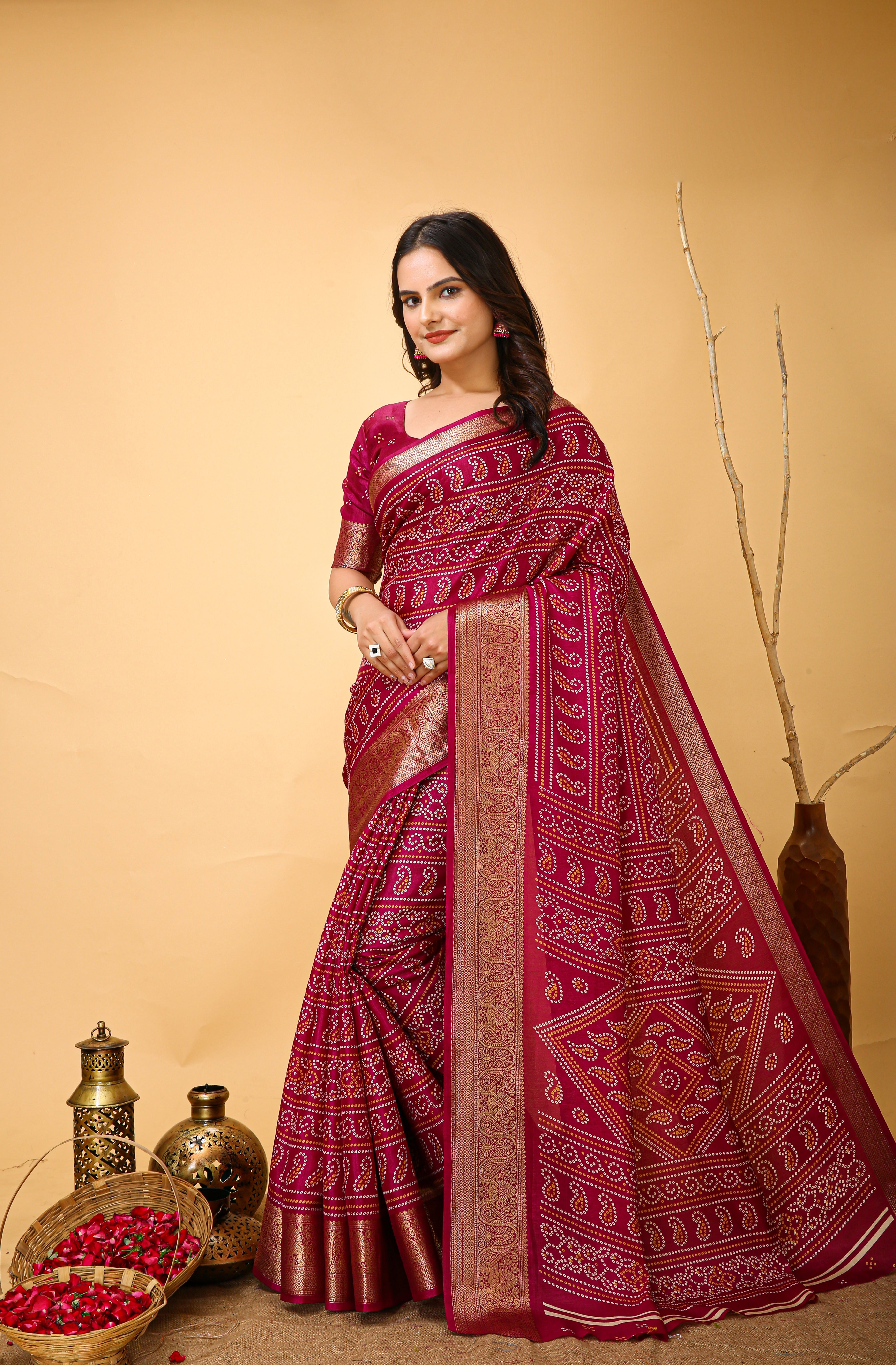 New Enchanting soft cotton Bandhani Printed Maroon Red Saree With Unstiched Blouse