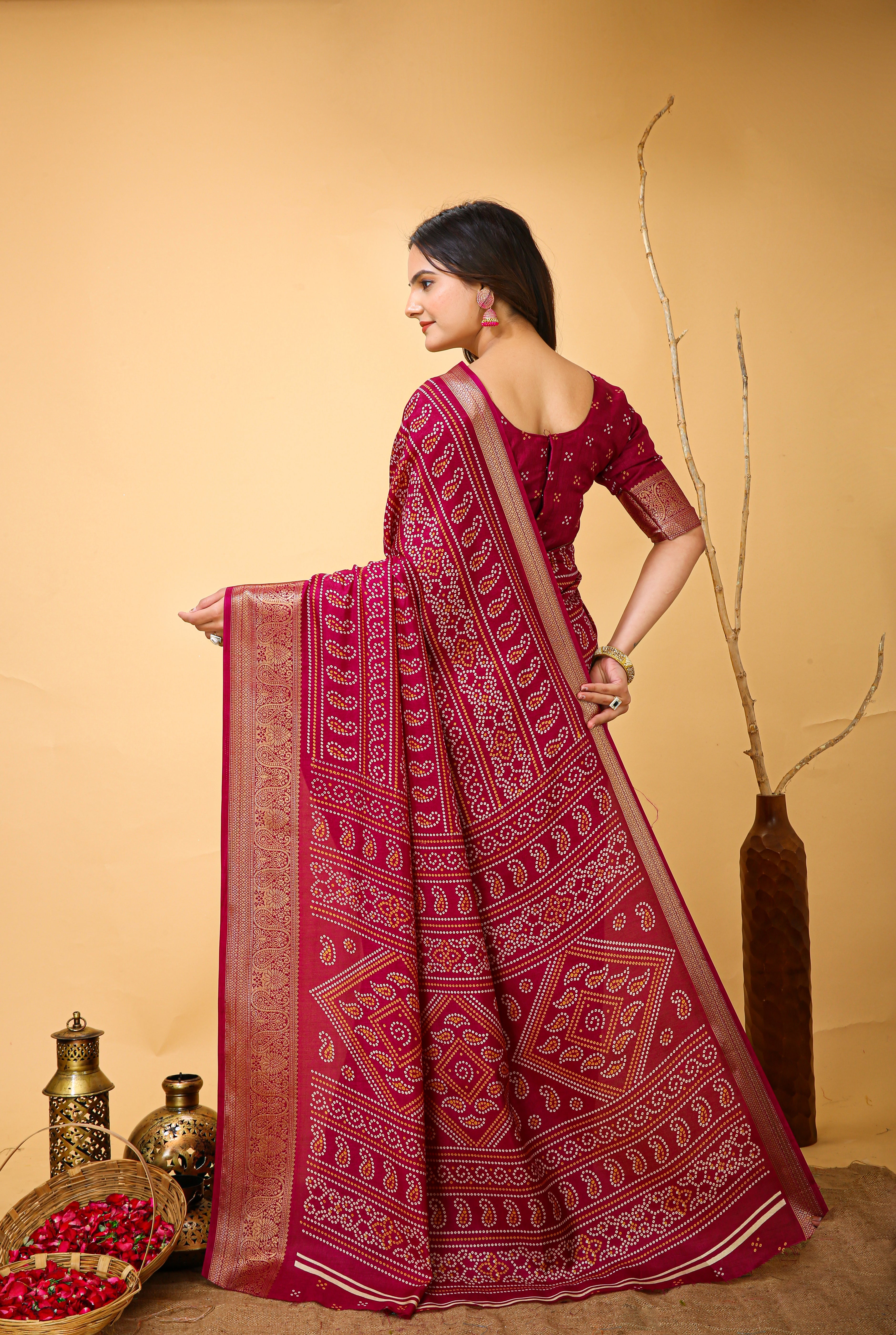 New Enchanting soft cotton Bandhani Printed Maroon Red Saree With Unstiched Blouse