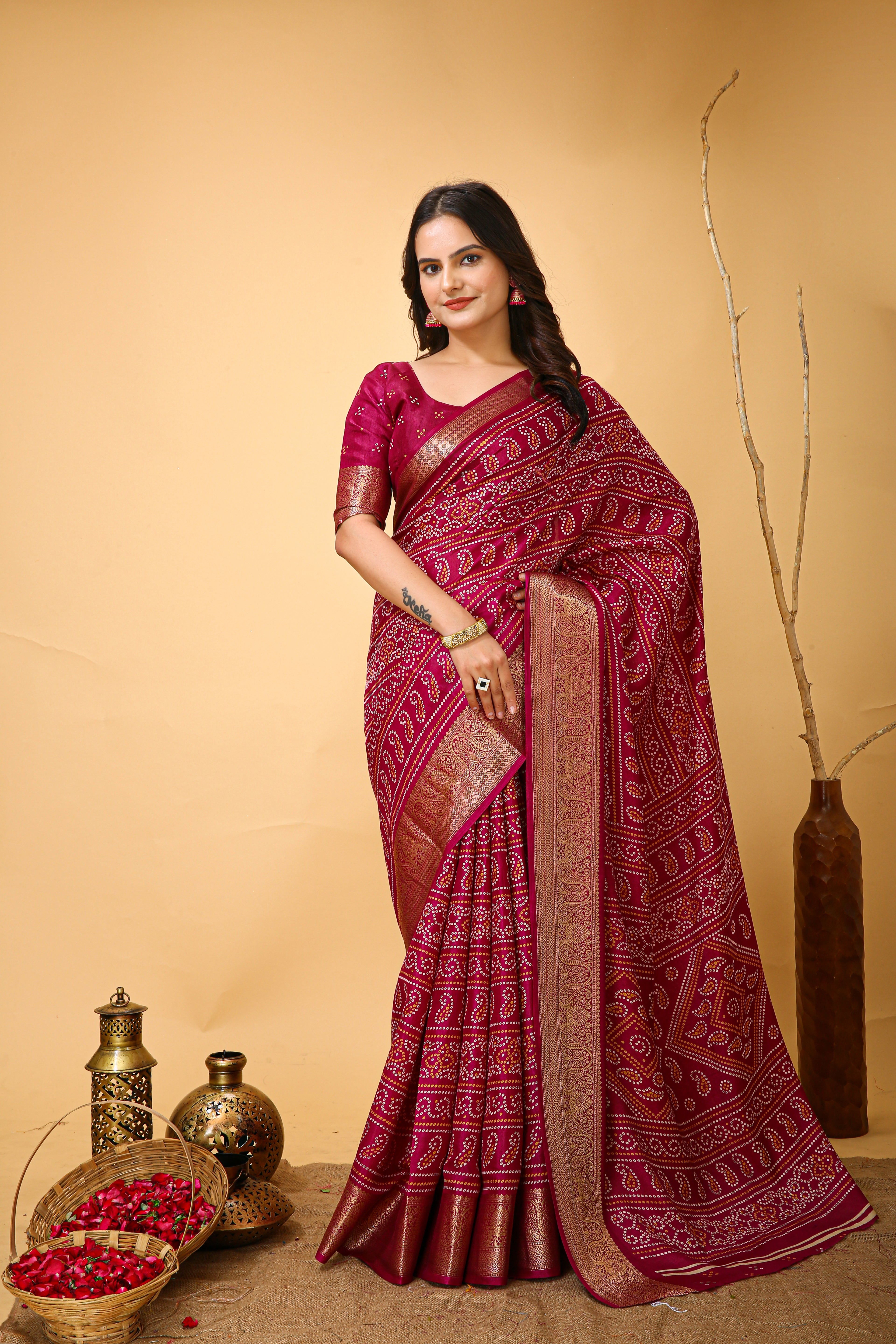 New Enchanting soft cotton Bandhani Printed Maroon Red Saree With Unstiched Blouse