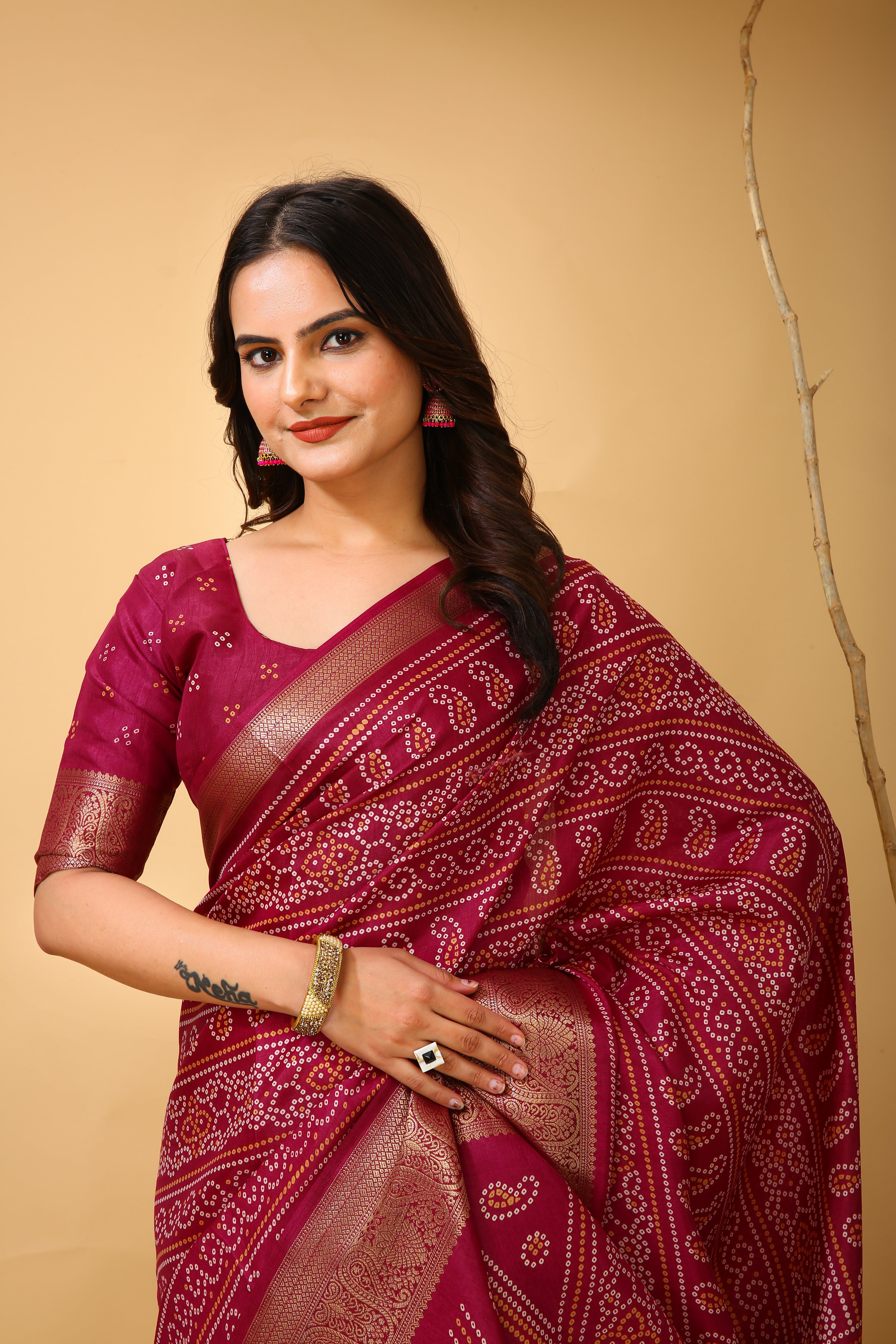 New Enchanting soft cotton Bandhani Printed Maroon Red Saree With Unstiched Blouse