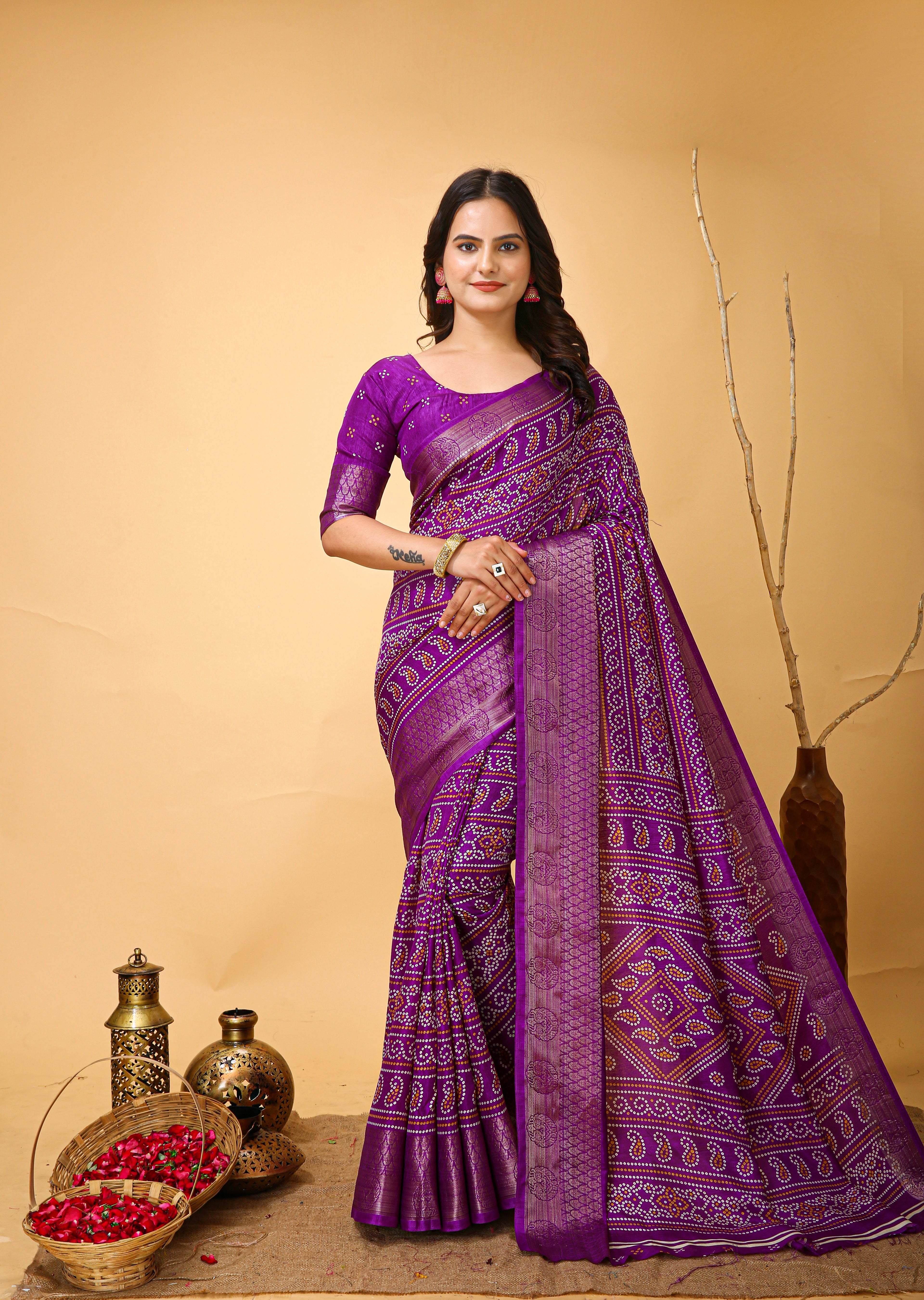 New Enchanting soft cotton Bandhani Printed Violet Saree With Unstiched Blouse