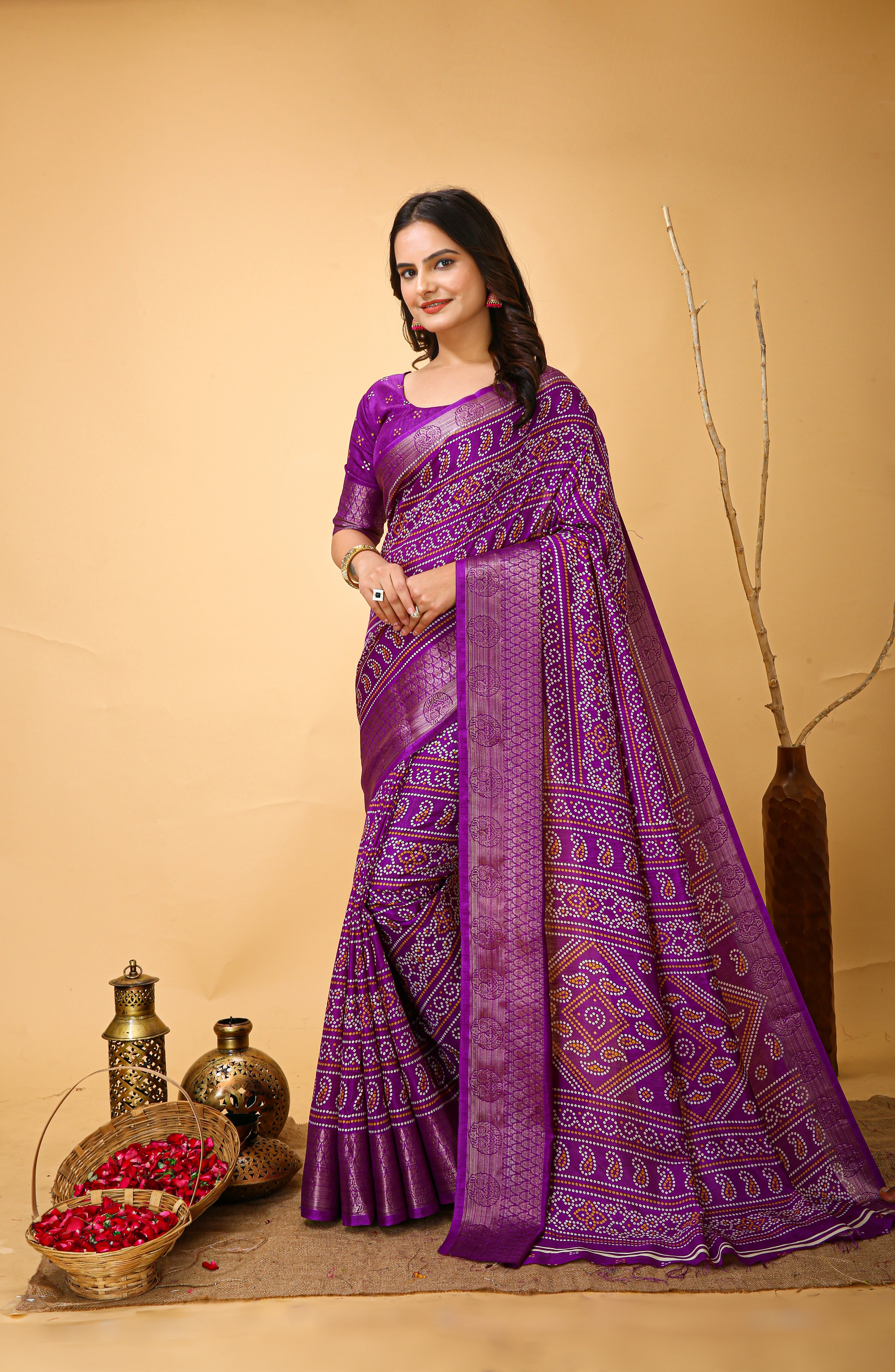 New Enchanting soft cotton Bandhani Printed Violet Saree With Unstiched Blouse