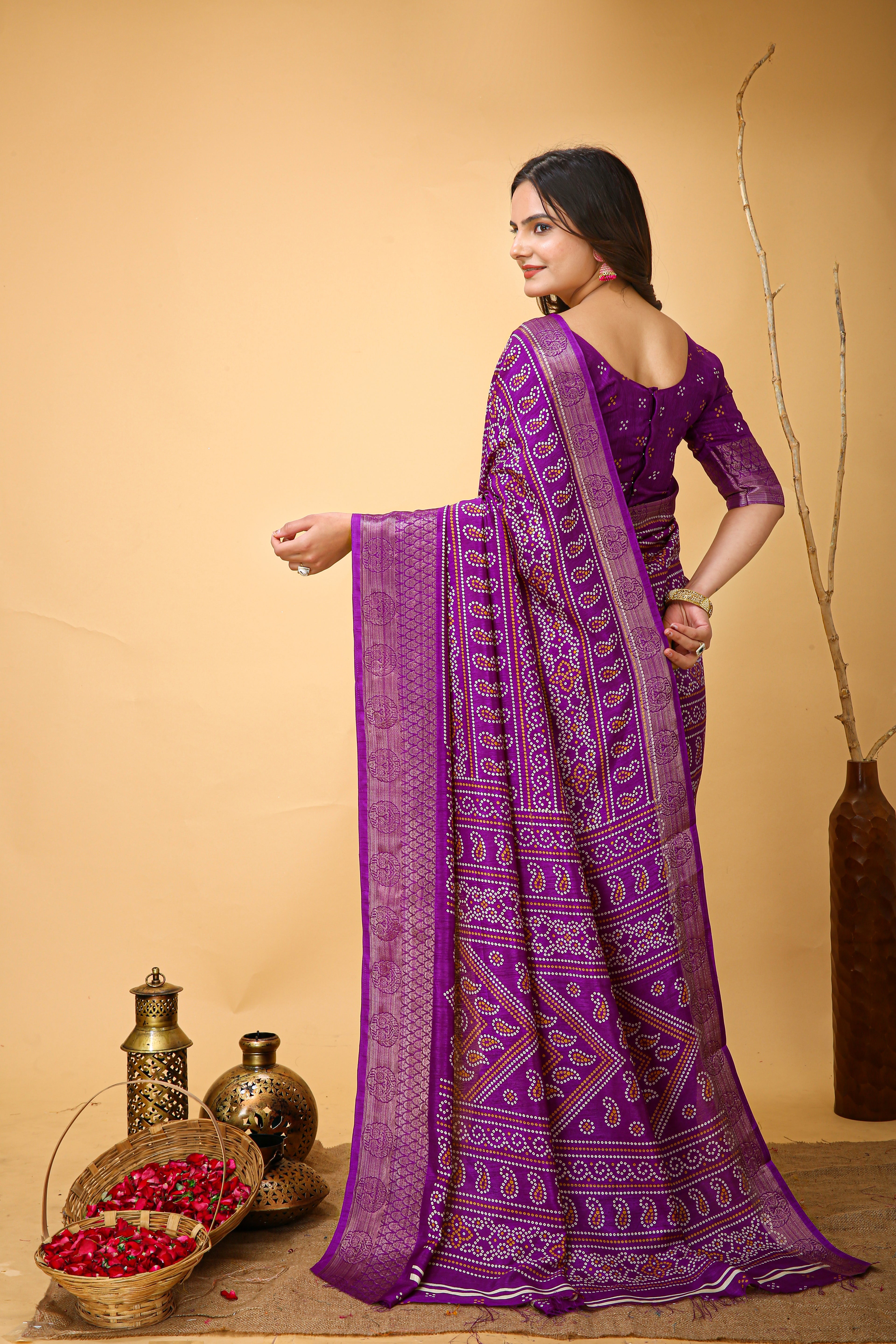 New Enchanting soft cotton Bandhani Printed Violet Saree With Unstiched Blouse