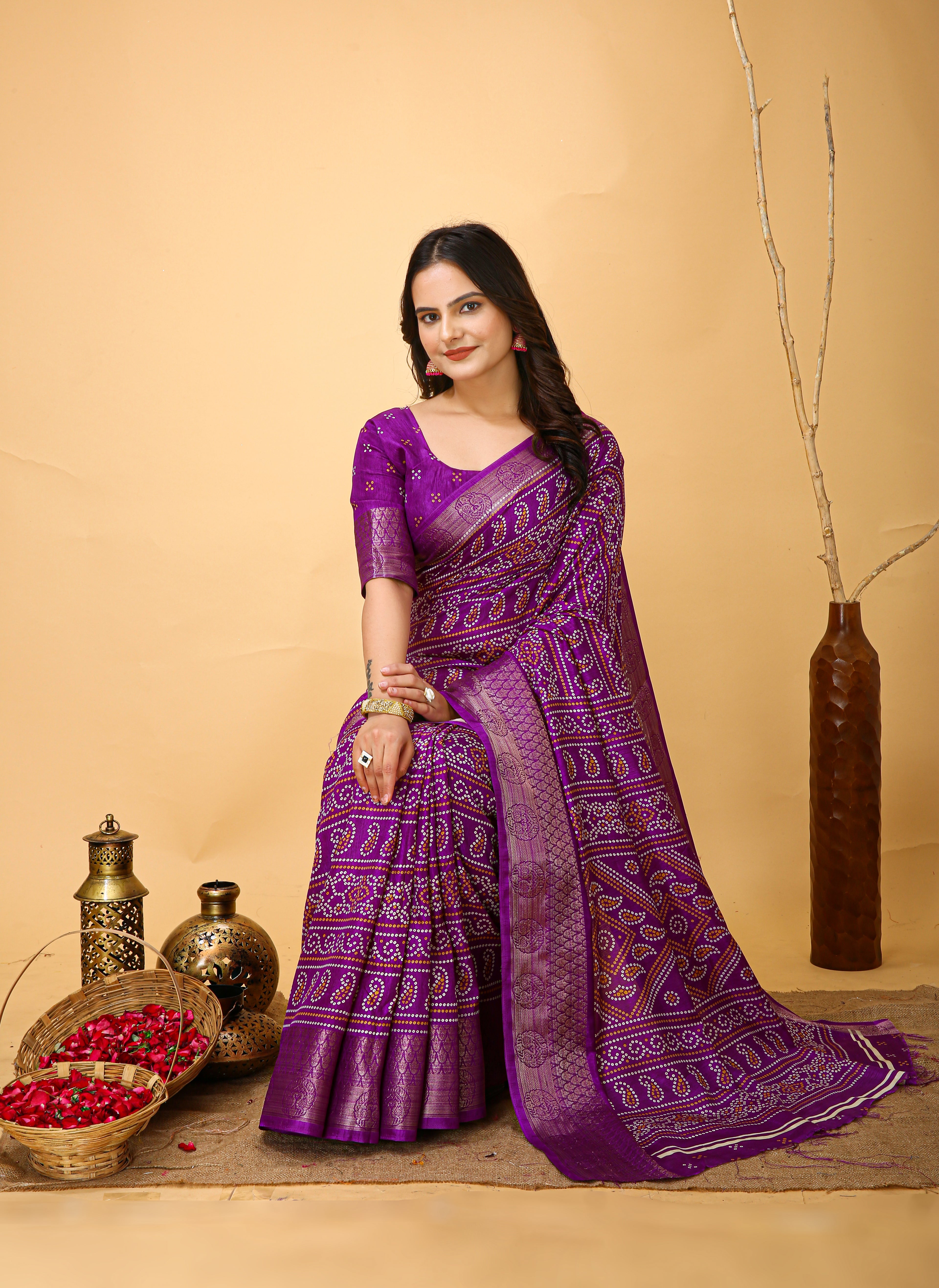 New Enchanting soft cotton Bandhani Printed Violet Saree With Unstiched Blouse