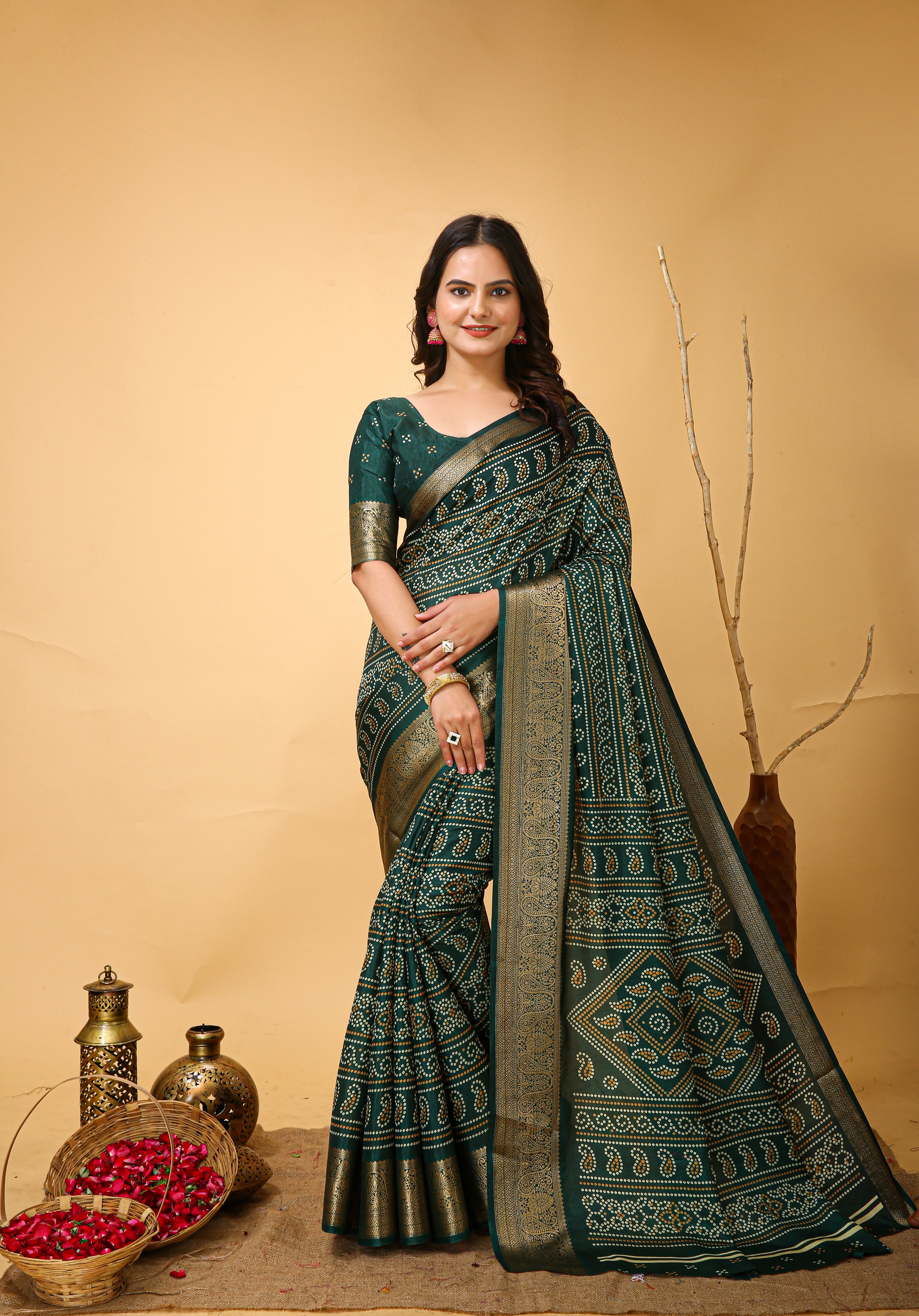 New Enchanting Soft Cotton Bandhani Printed Dark Green Saree With Unstiched Blouse