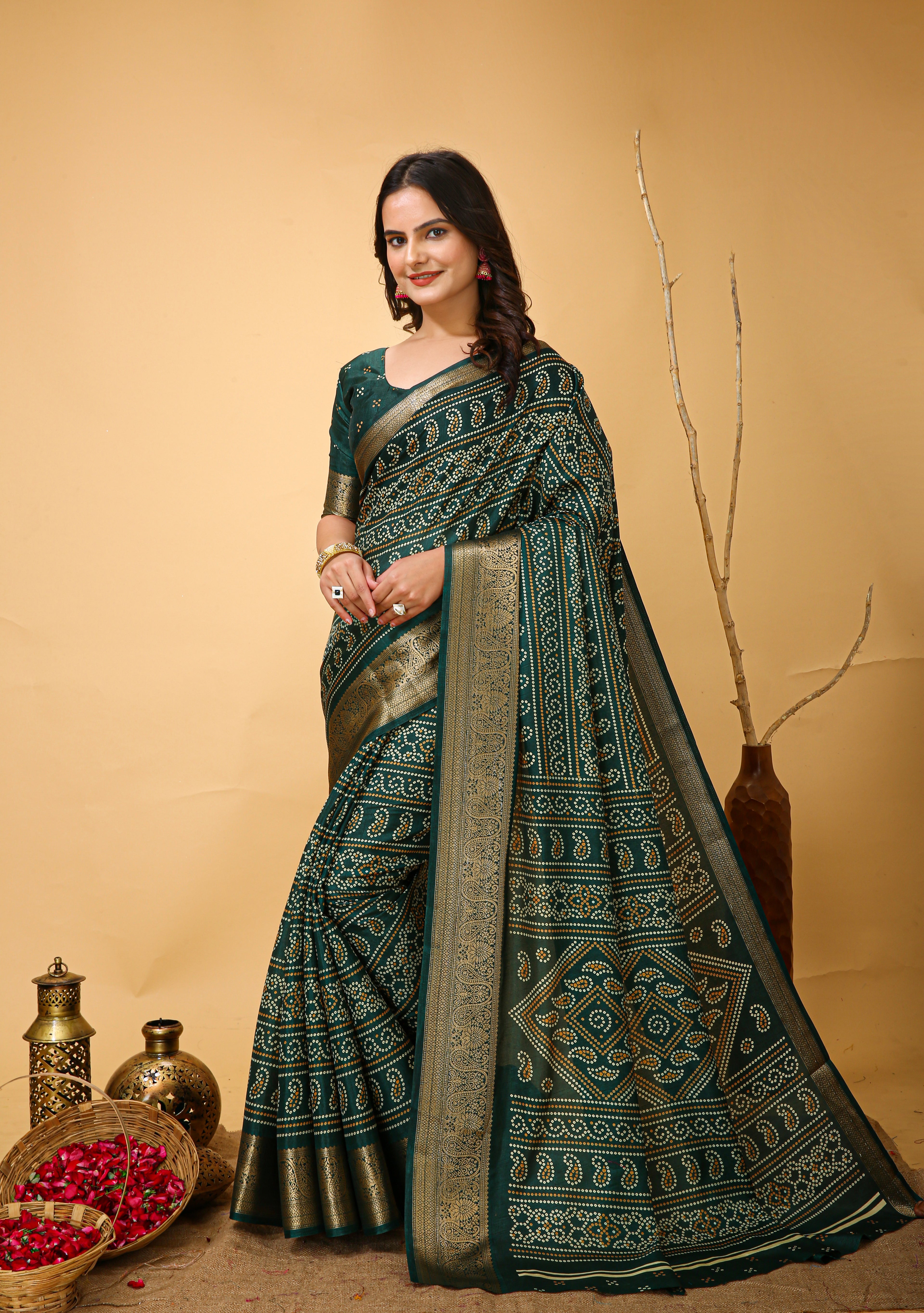 New Enchanting Soft Cotton Bandhani Printed Dark Green Saree With Unstiched Blouse