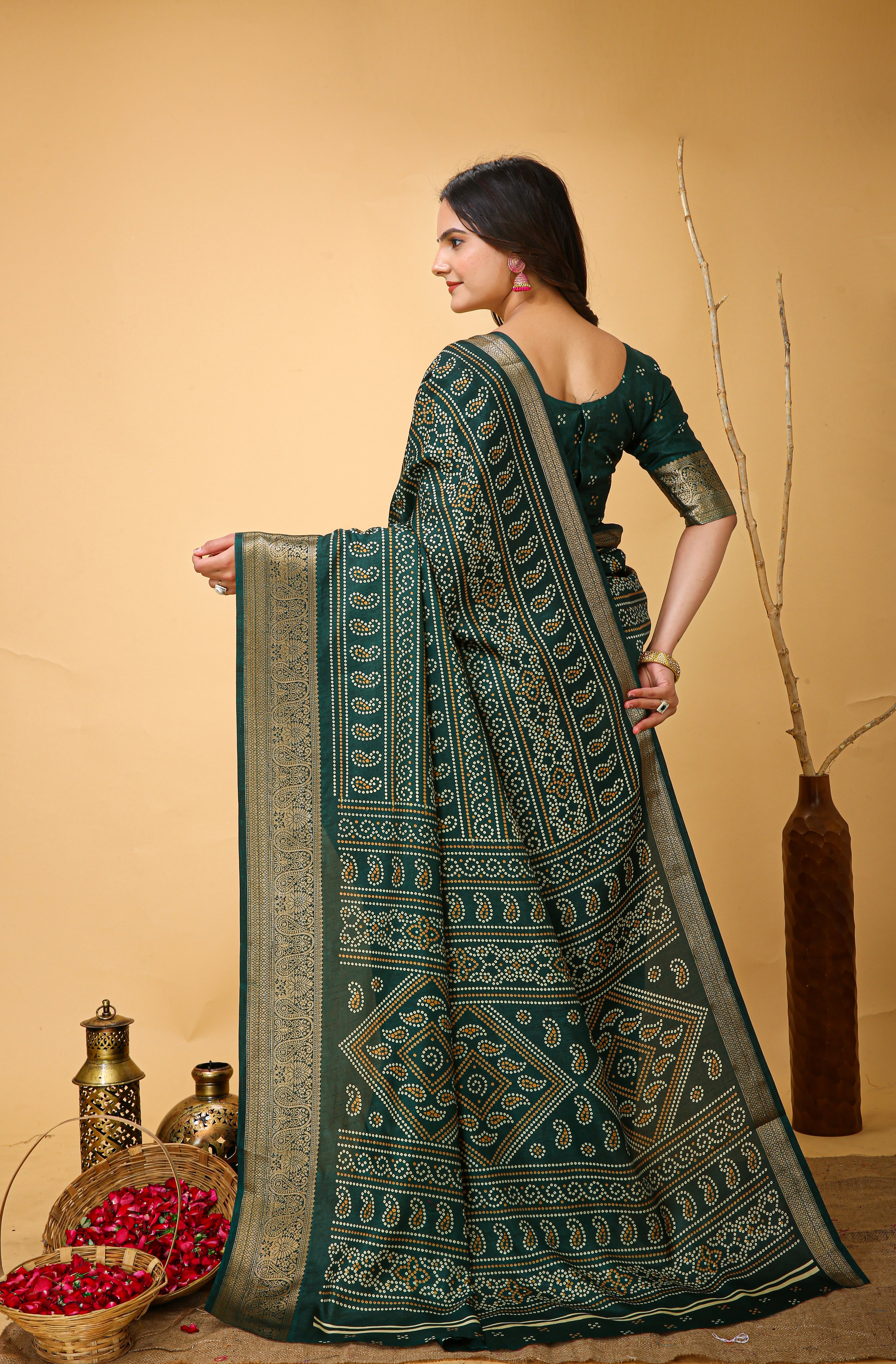 New Enchanting Soft Cotton Bandhani Printed Dark Green Saree With Unstiched Blouse