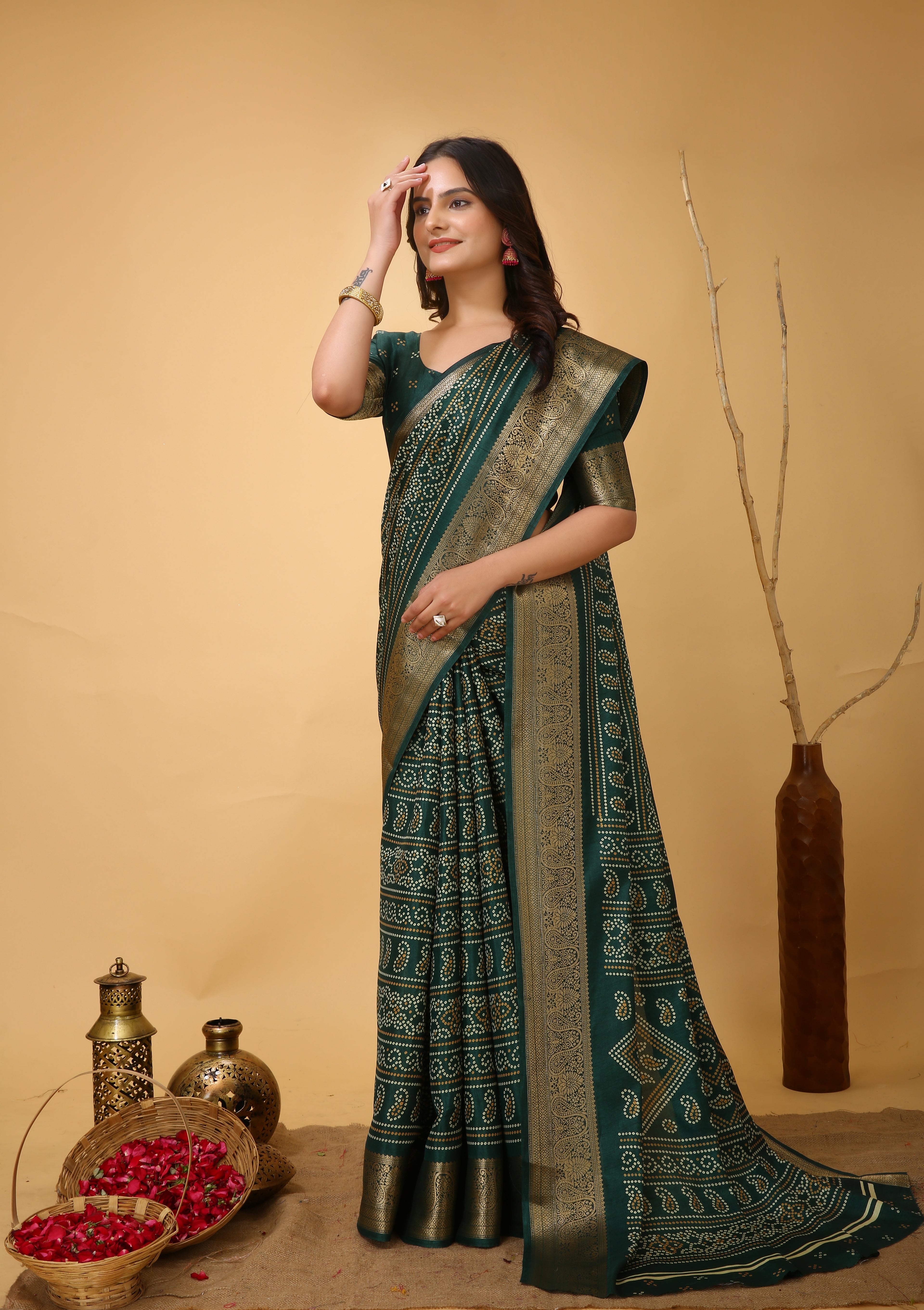 New Enchanting Soft Cotton Bandhani Printed Dark Green Saree With Unstiched Blouse