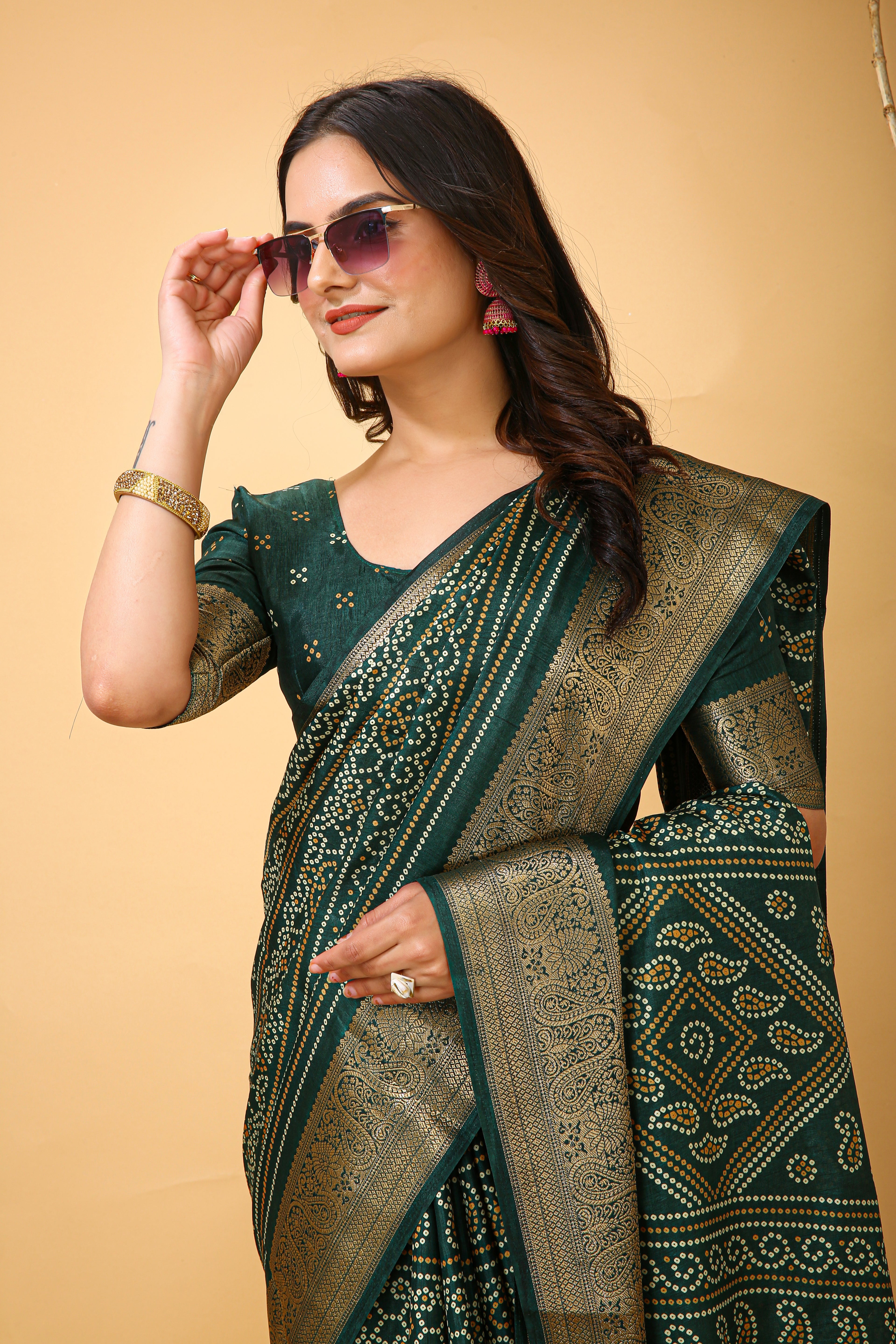 New Enchanting Soft Cotton Bandhani Printed Dark Green Saree With Unstiched Blouse