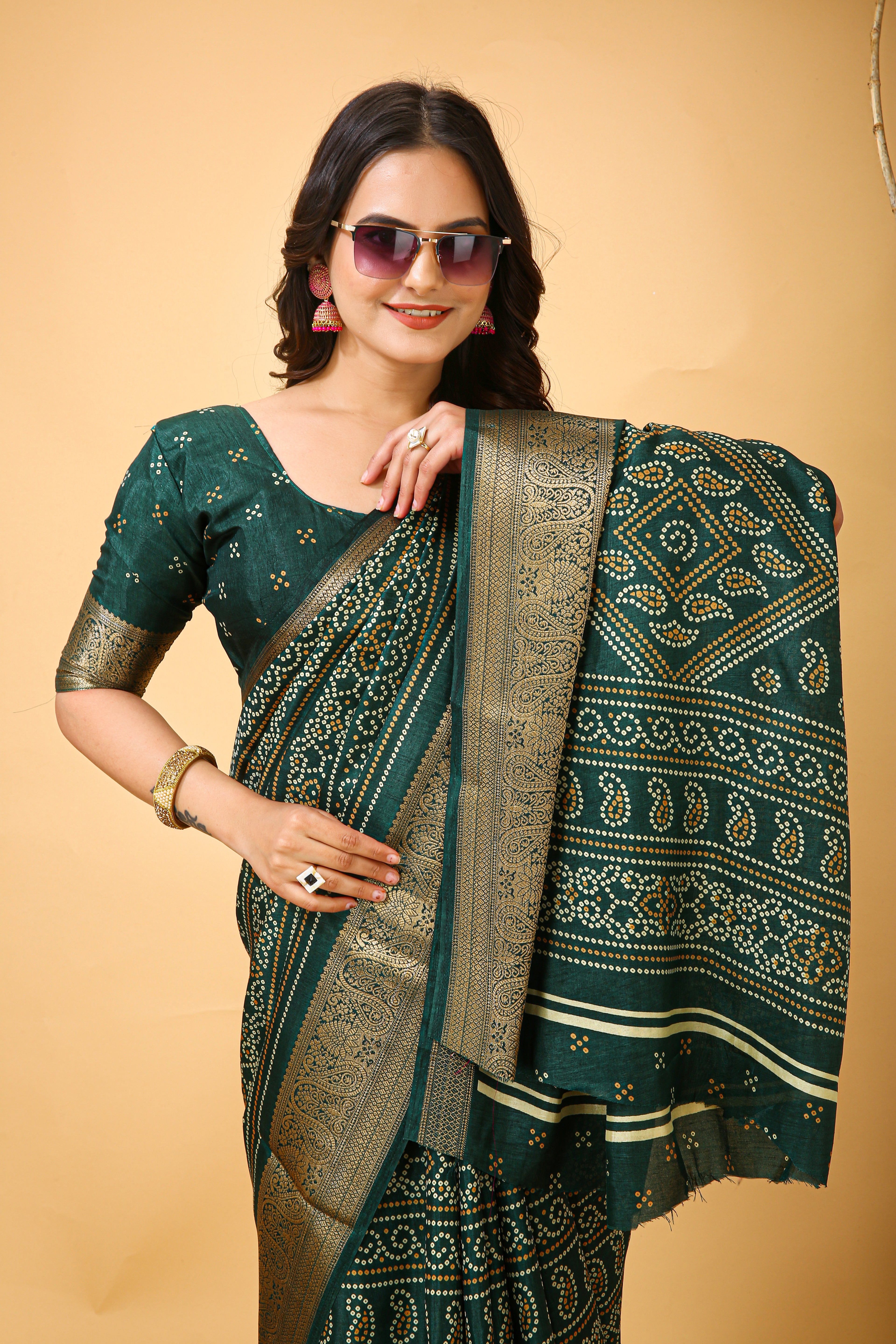 New Enchanting Soft Cotton Bandhani Printed Dark Green Saree With Unstiched Blouse