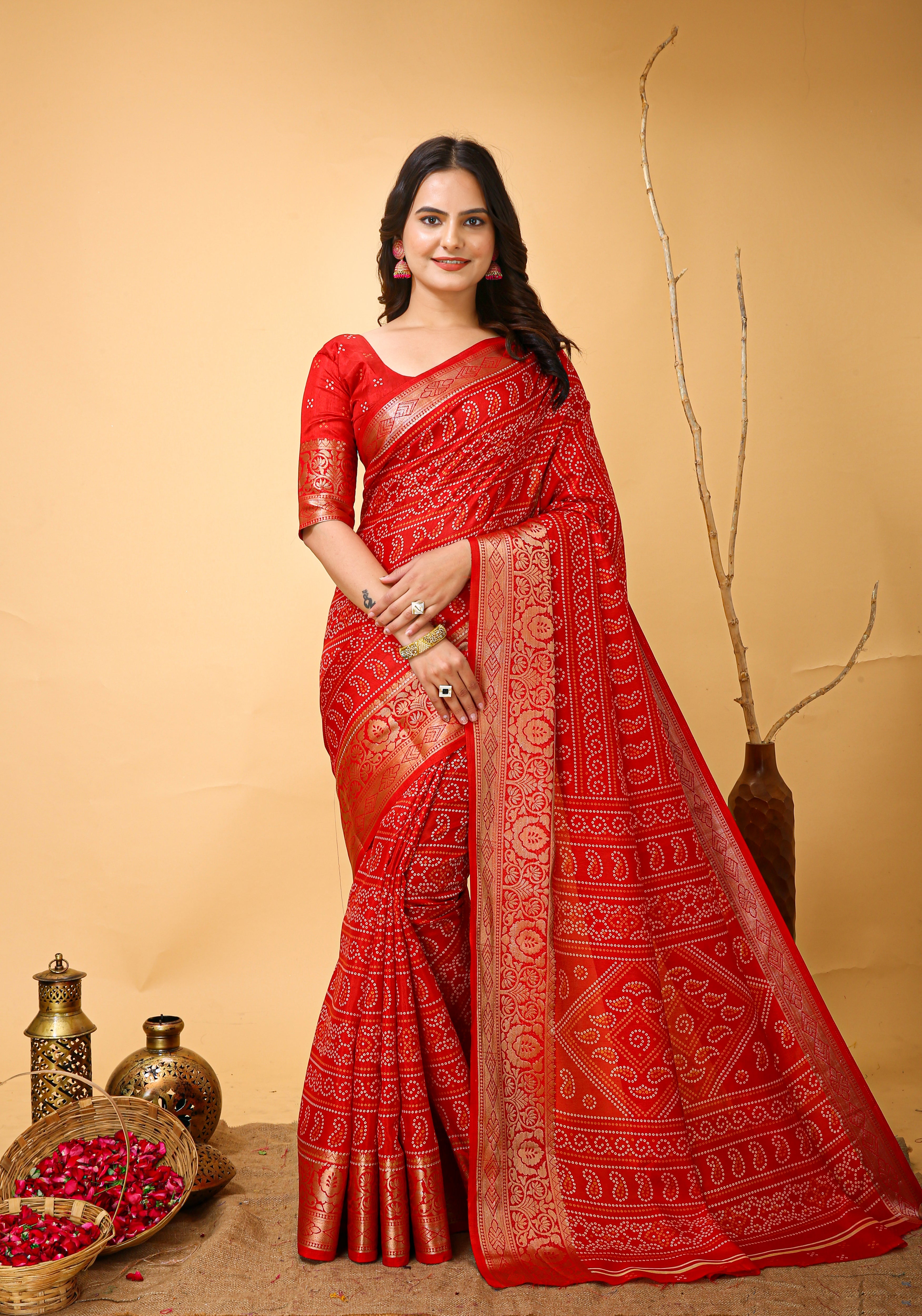 New Enchanting soft cotton Bandhani Printed Red Saree With Unstiched Blouse