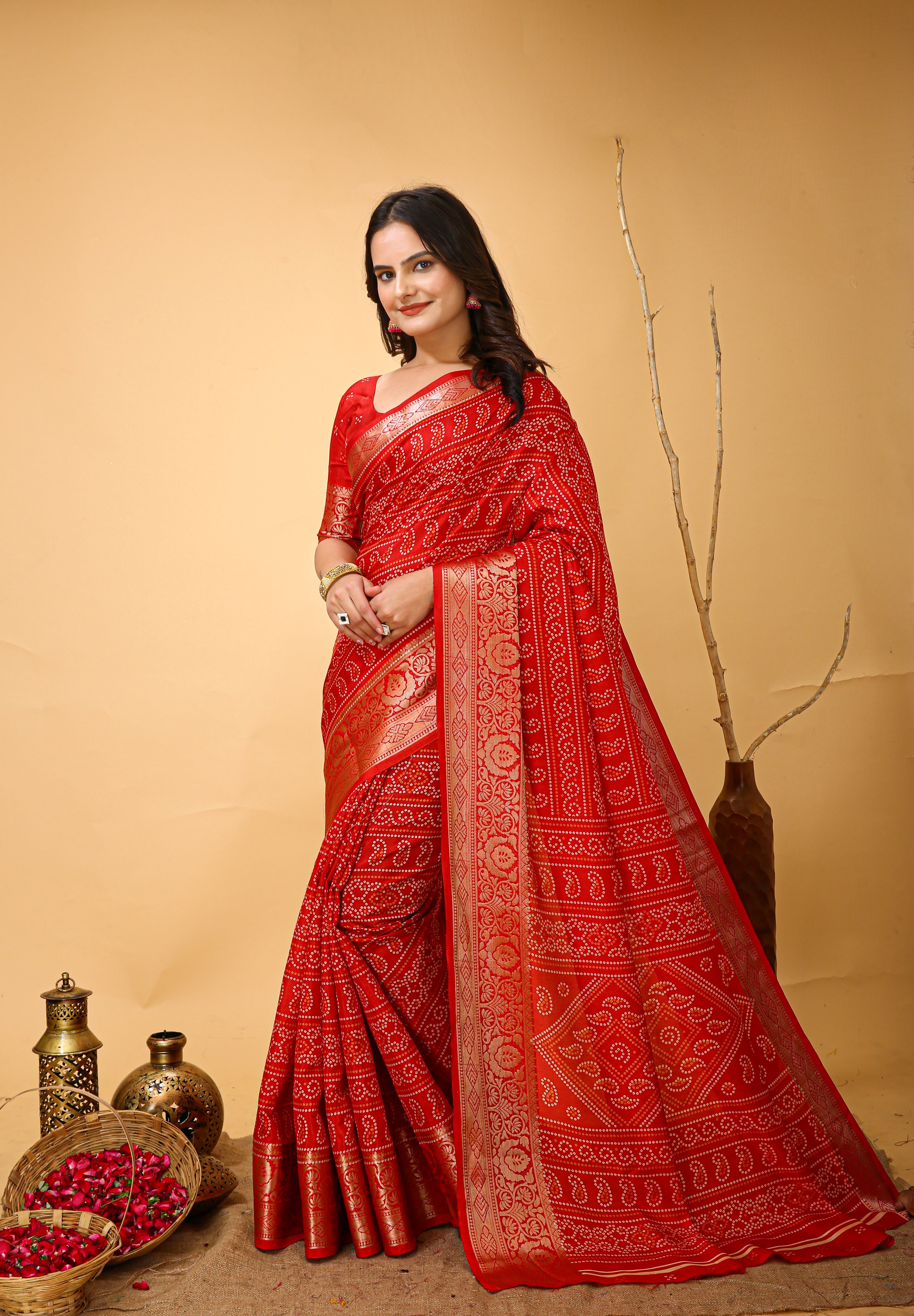 New Enchanting soft cotton Bandhani Printed Red Saree With Unstiched Blouse