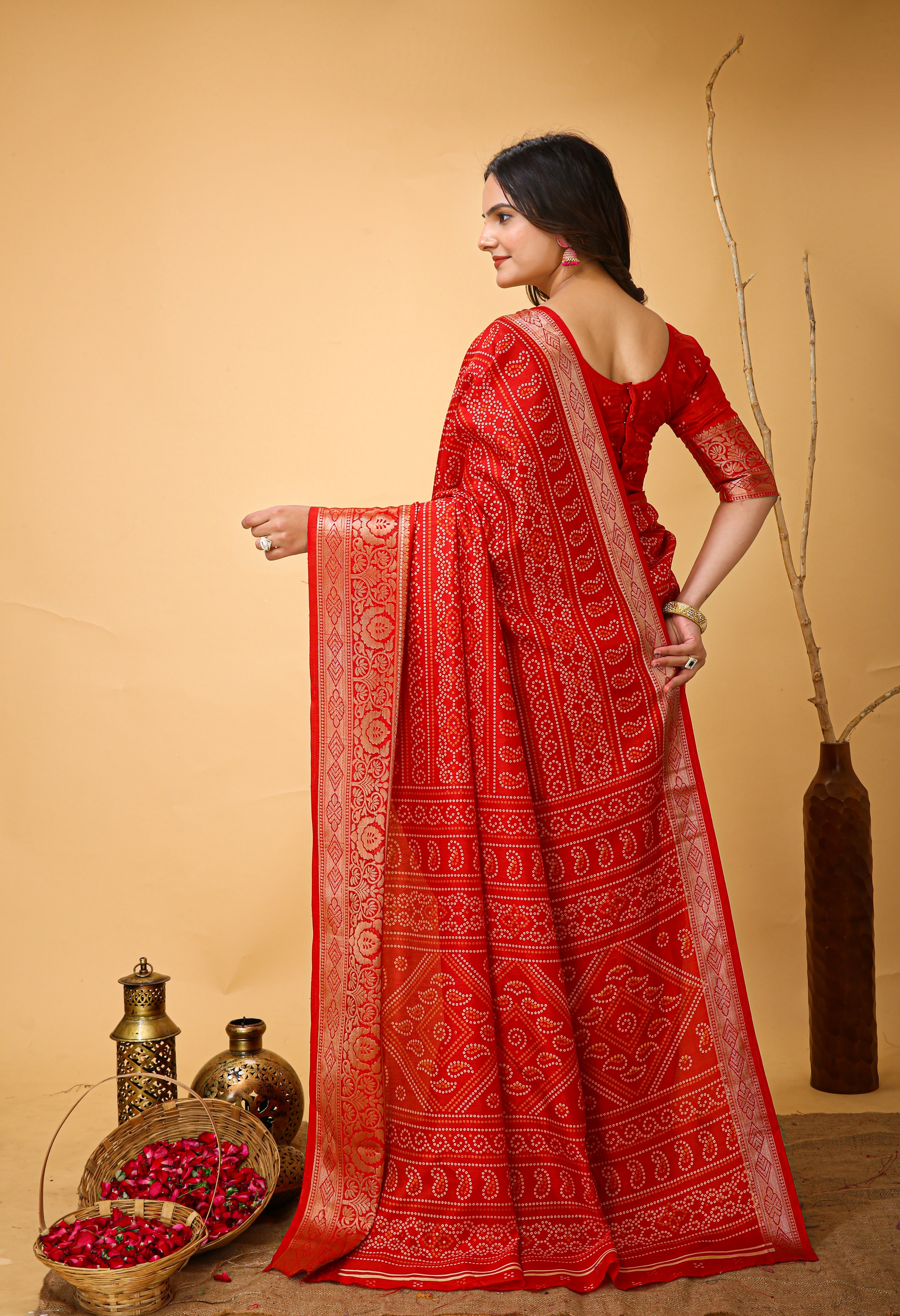 New Enchanting soft cotton Bandhani Printed Red Saree With Unstiched Blouse