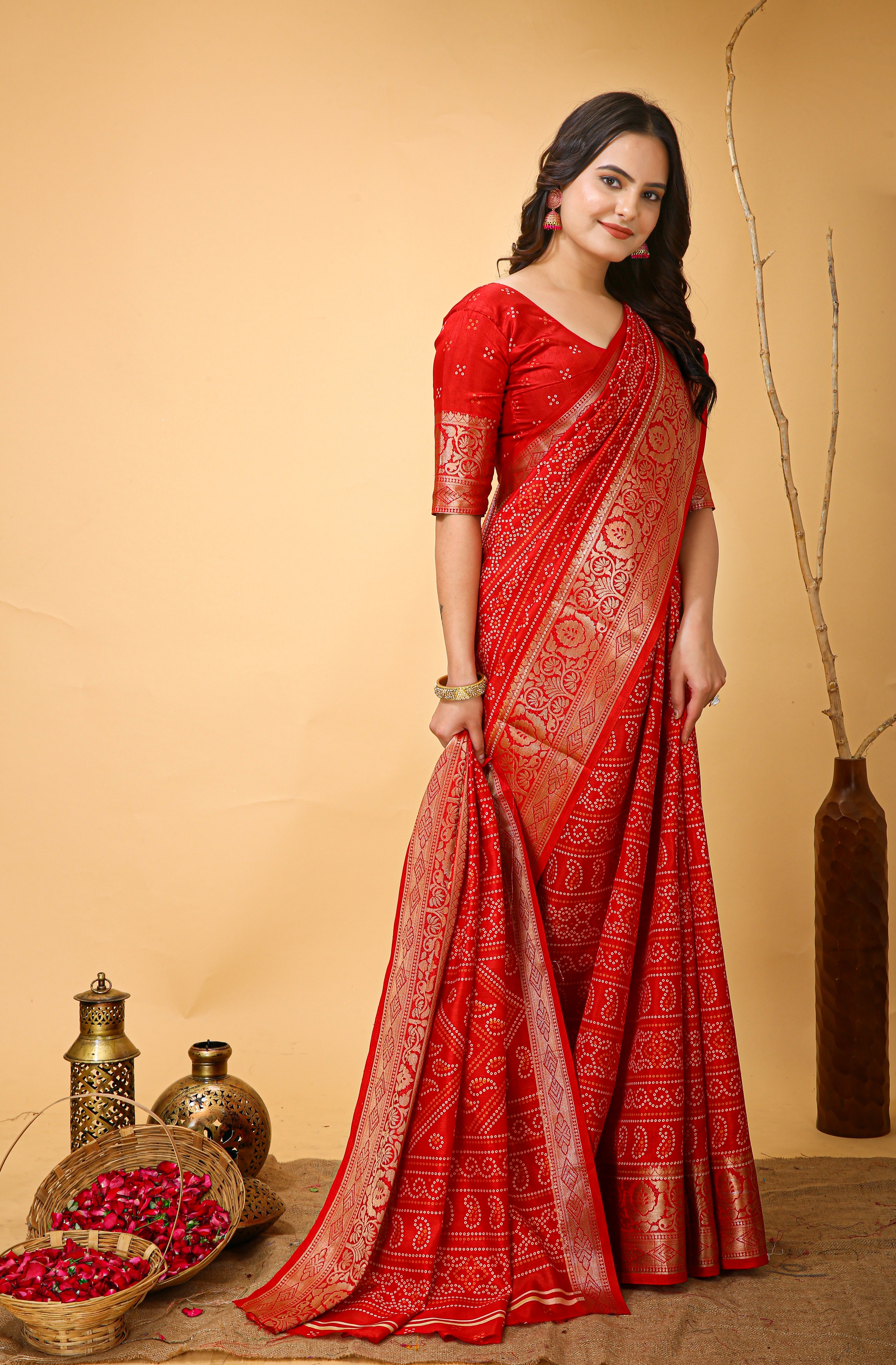 New Enchanting soft cotton Bandhani Printed Red Saree With Unstiched Blouse