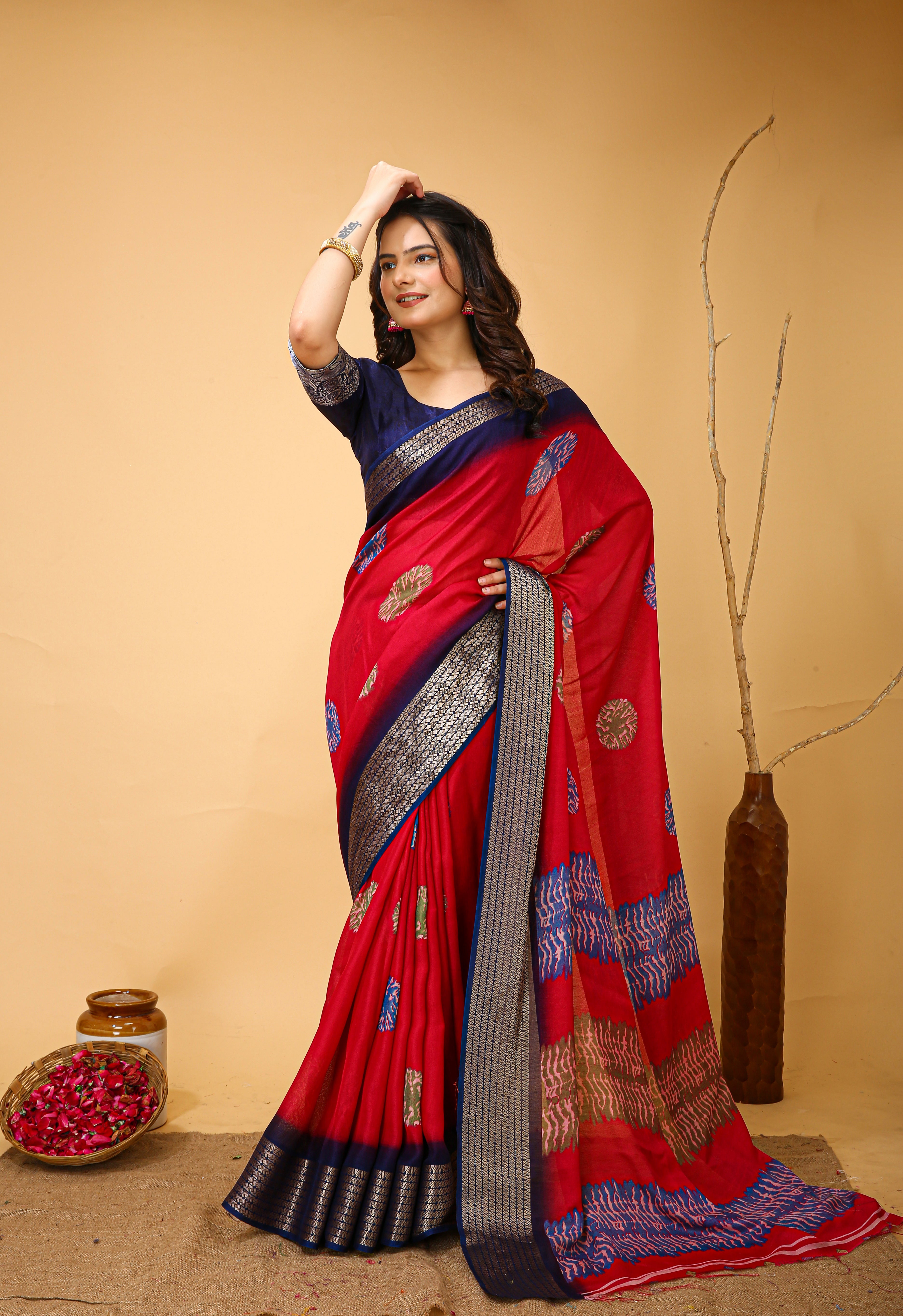 New Fancy Soft Marshmallow Red Saree With Unstiched Blouse