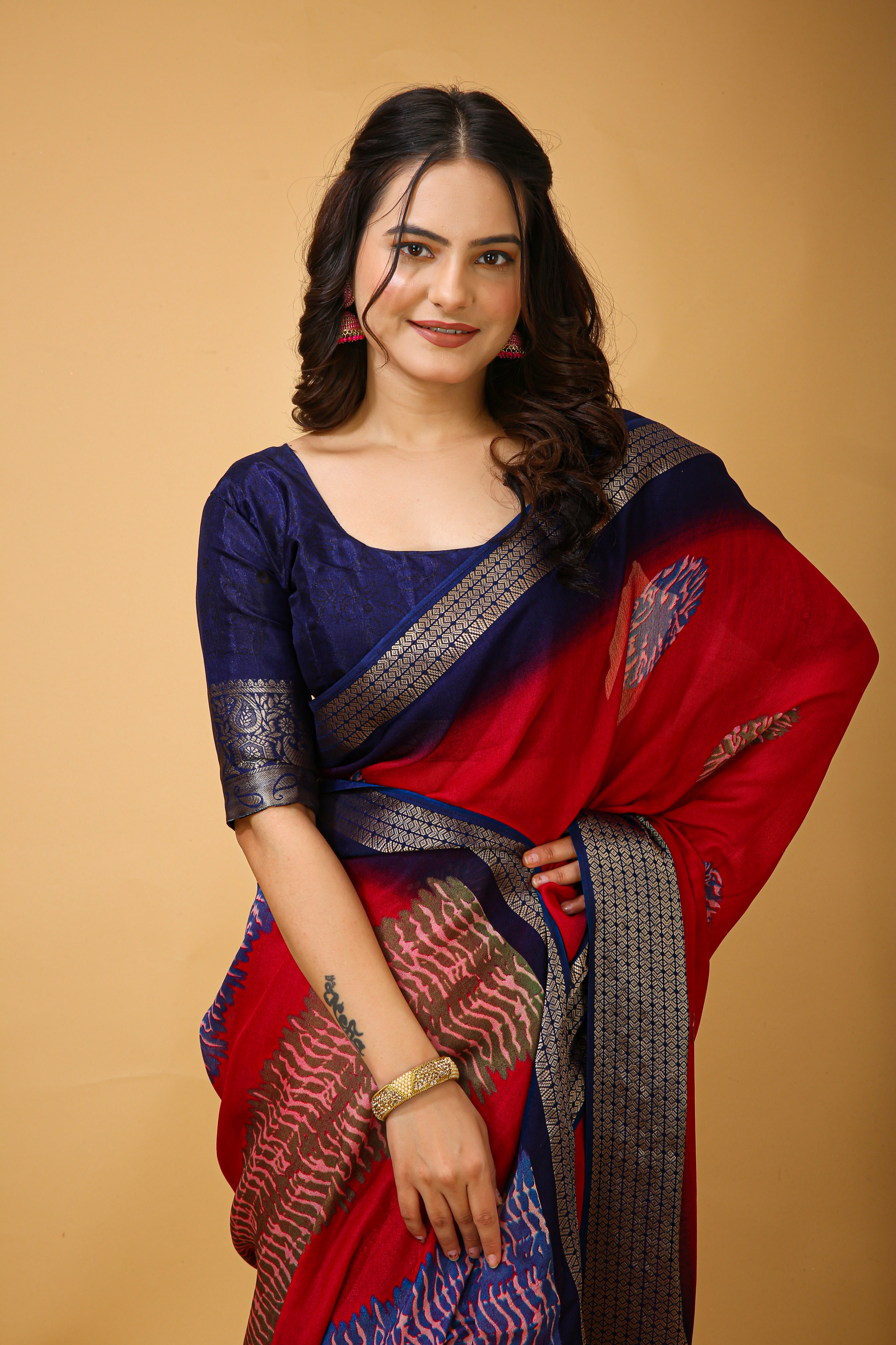 New Fancy Soft Marshmallow Red Saree With Unstiched Blouse