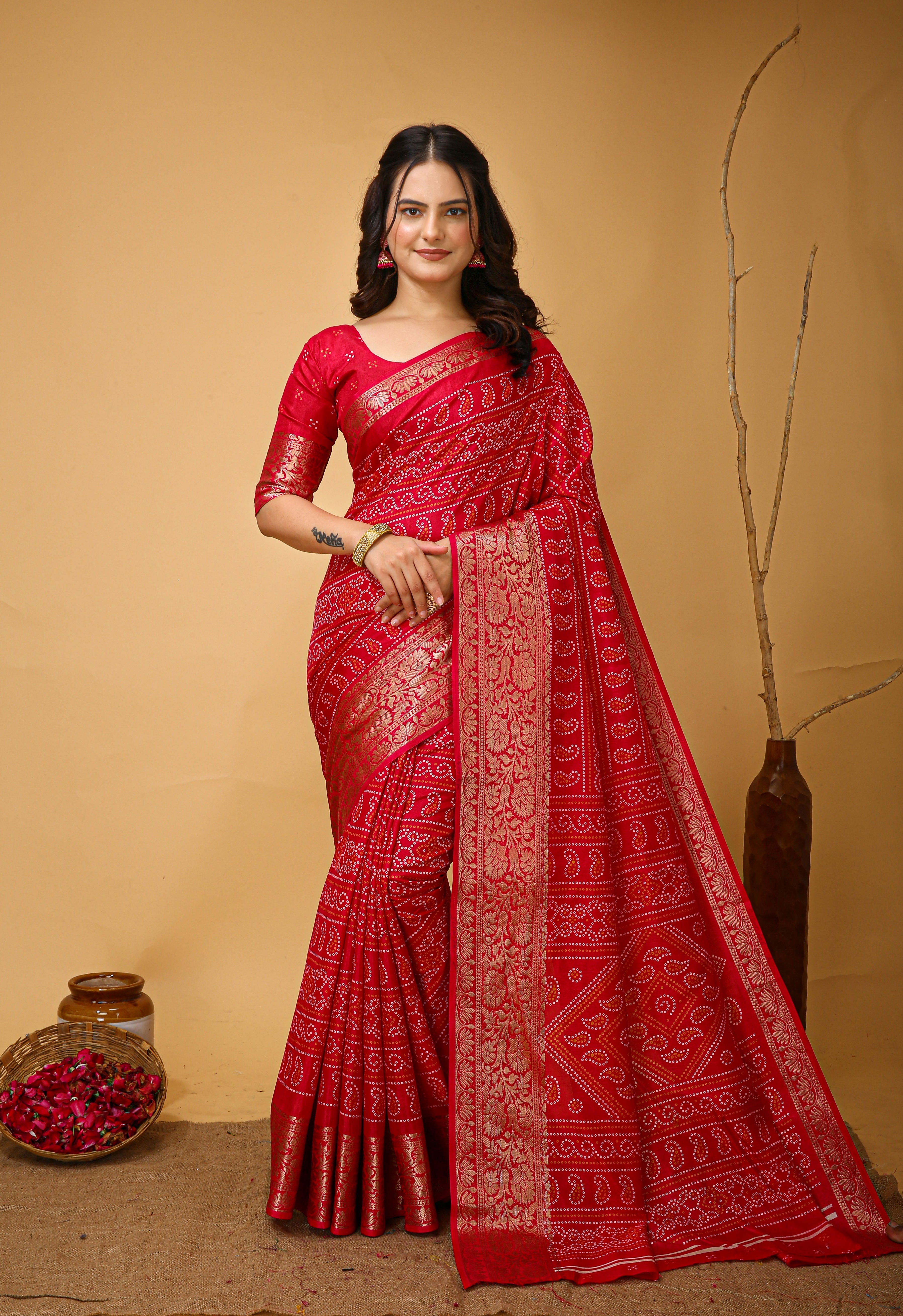 New Enchanting soft cotton Bandhani Printed Red Saree With Unstiched Blouse