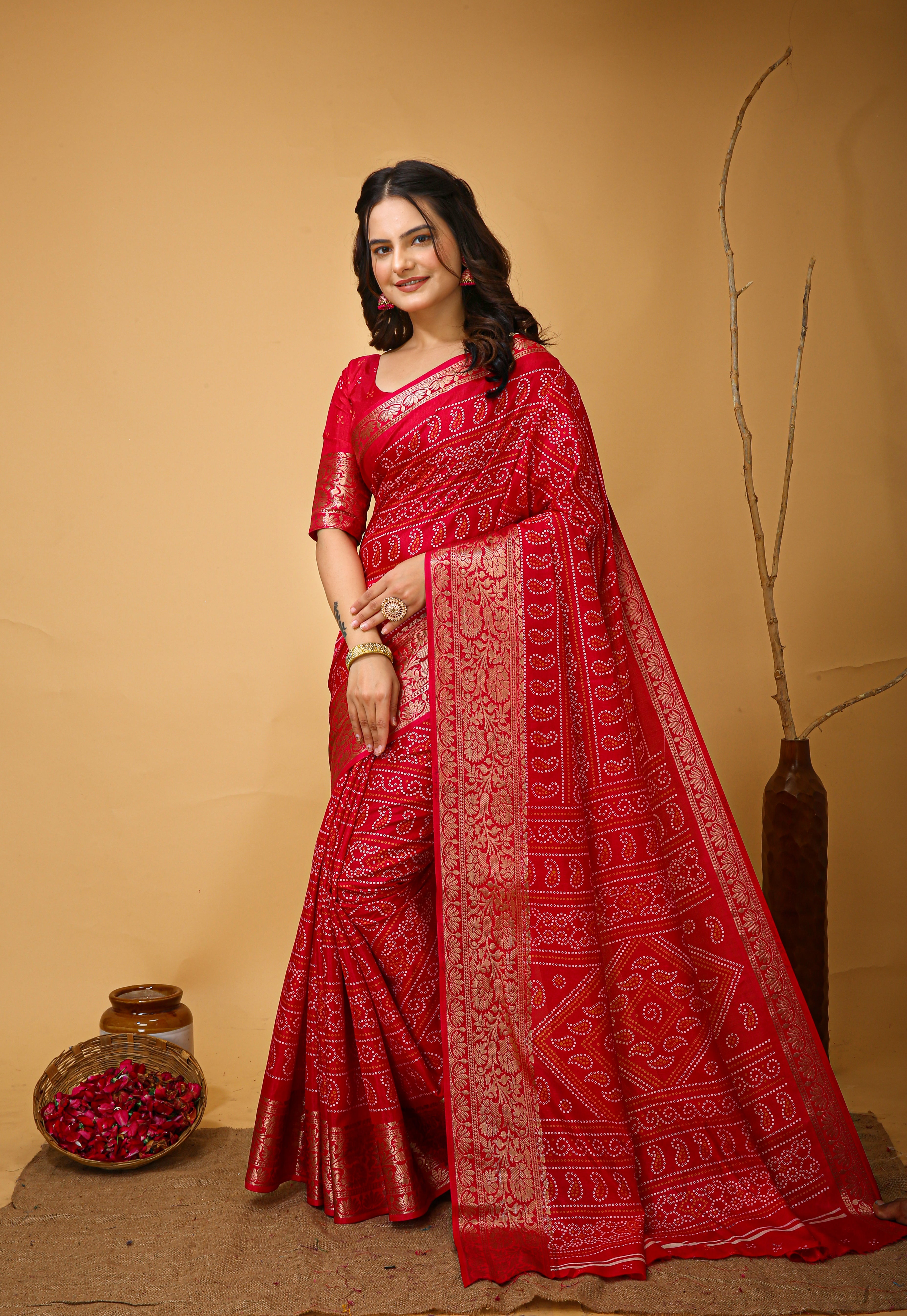 New Enchanting soft cotton Bandhani Printed Red Saree With Unstiched Blouse