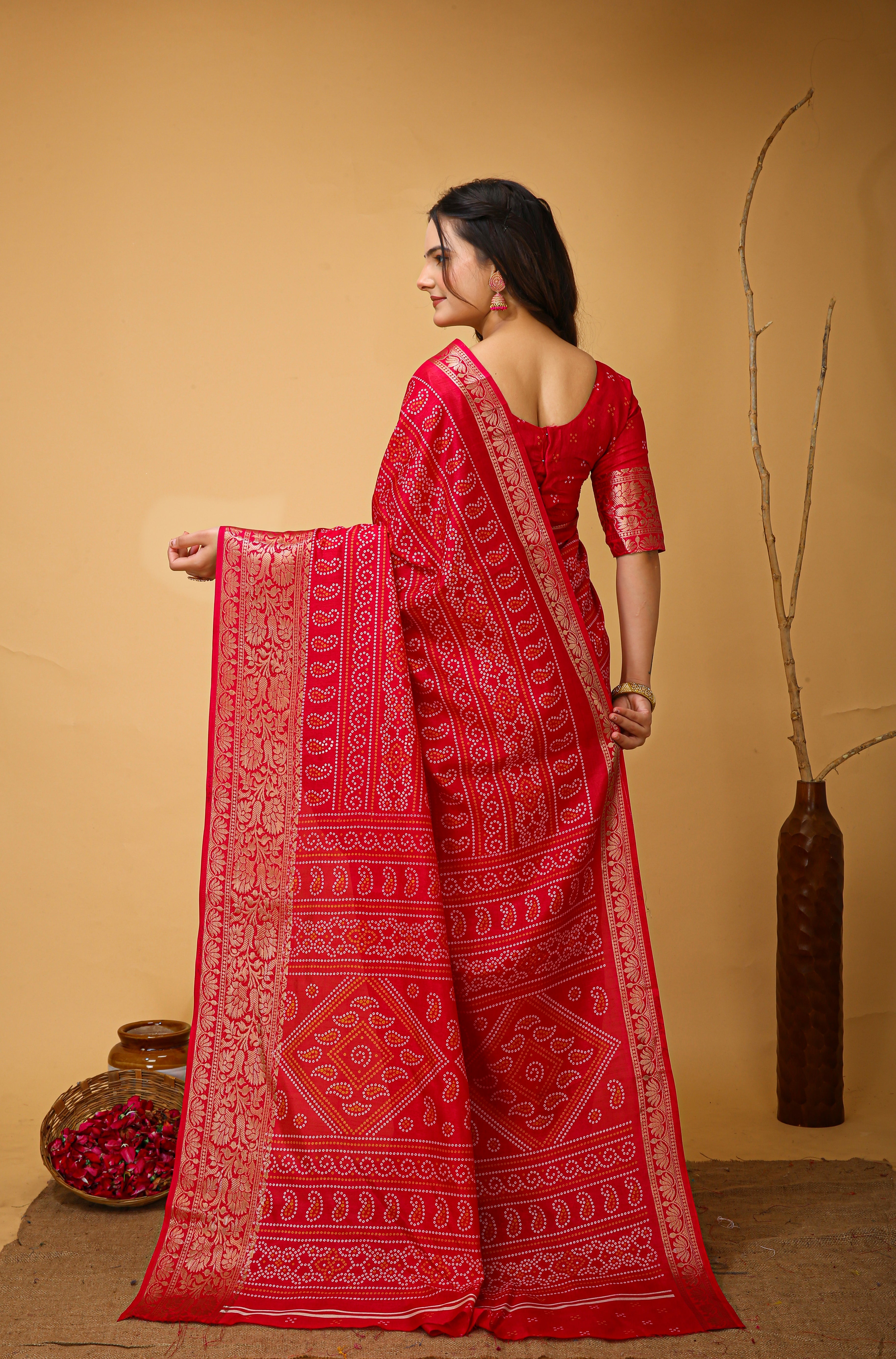 New Enchanting soft cotton Bandhani Printed Red Saree With Unstiched Blouse