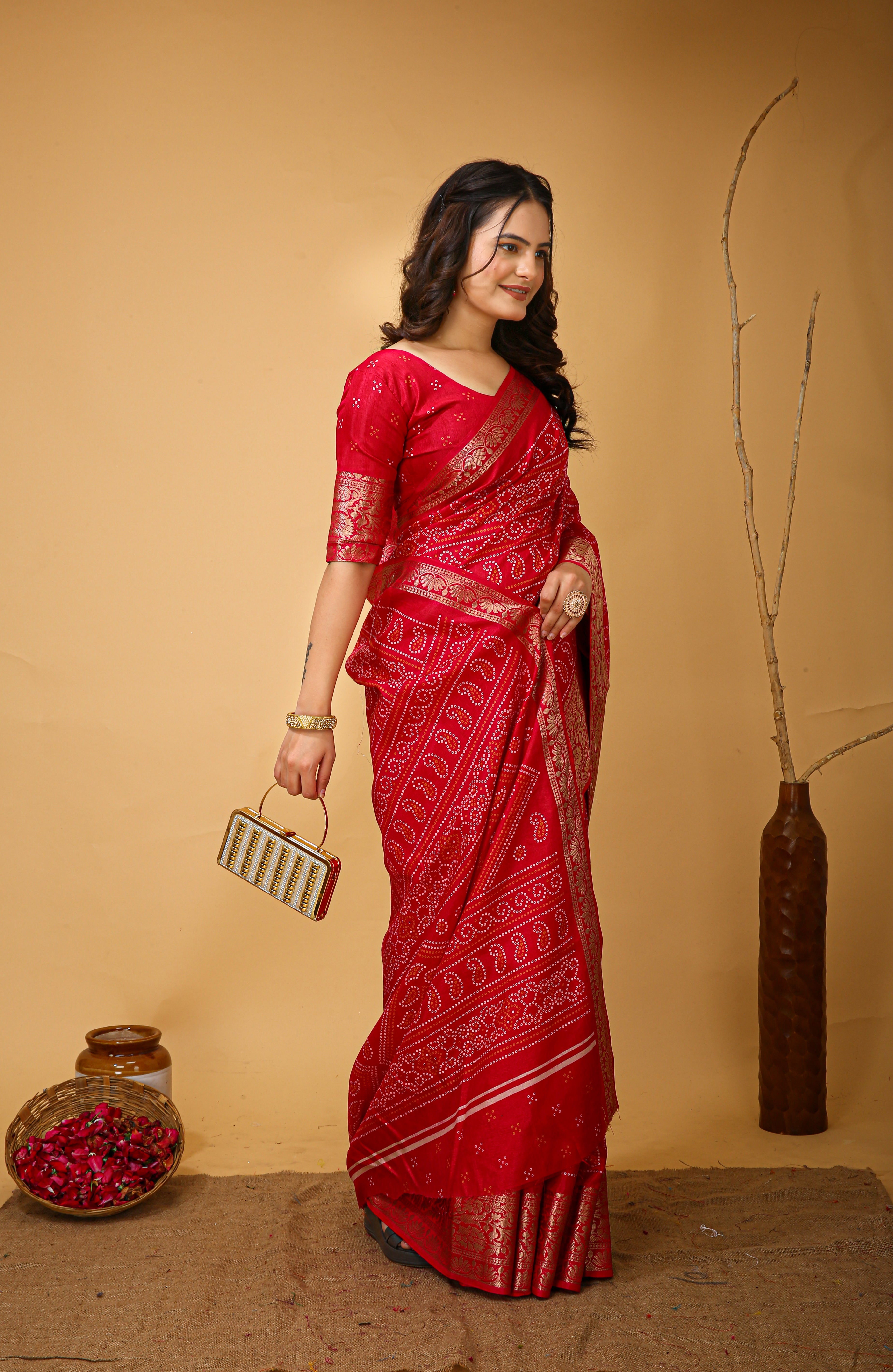 New Enchanting soft cotton Bandhani Printed Red Saree With Unstiched Blouse