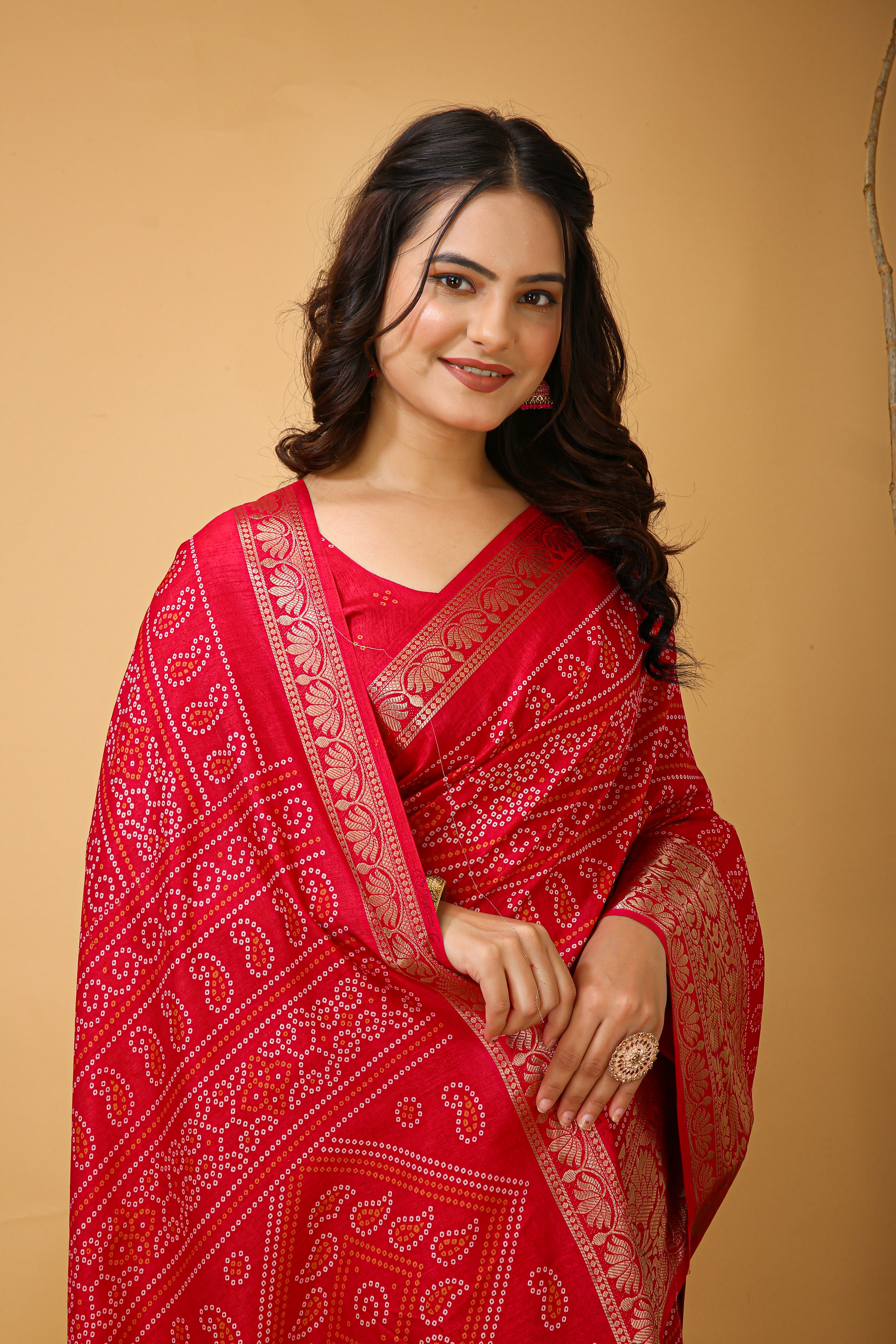 New Enchanting soft cotton Bandhani Printed Red Saree With Unstiched Blouse