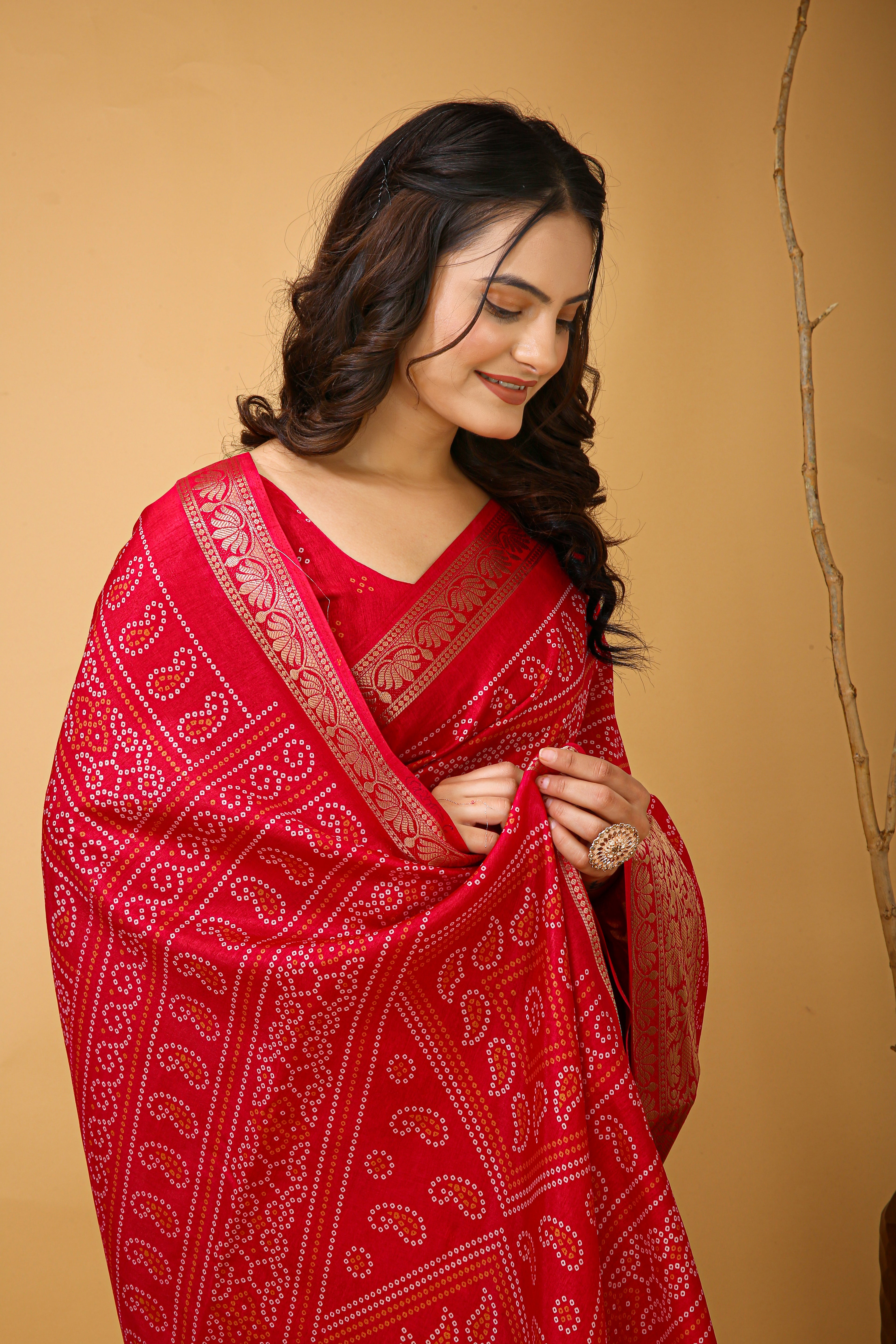 New Enchanting soft cotton Bandhani Printed Red Saree With Unstiched Blouse